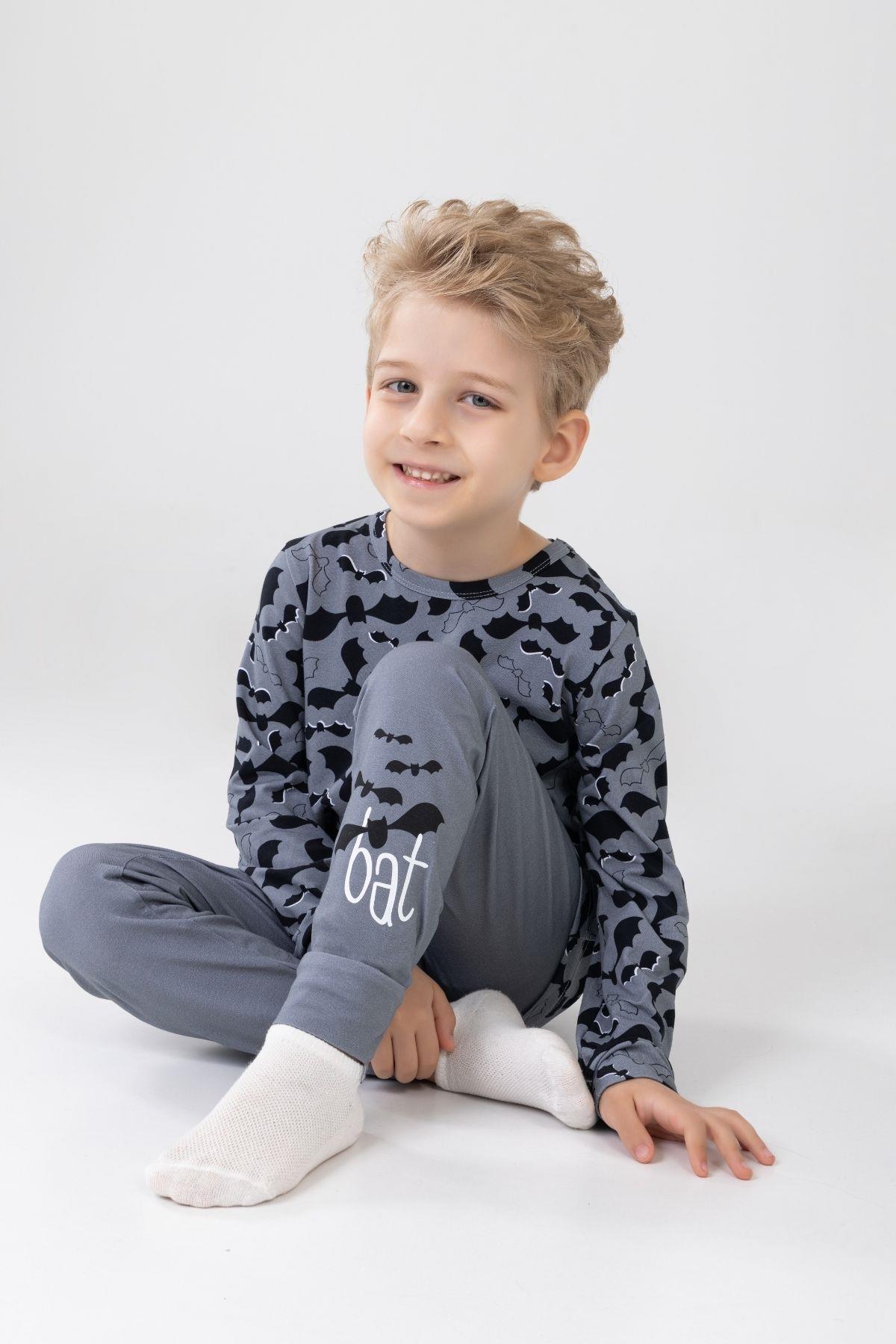 Erkek Çocuk Pamuklu Baskılı Bisiklet Yaka Uzun Kollu Manşetli Pijama Takımı 9605-1 Gri