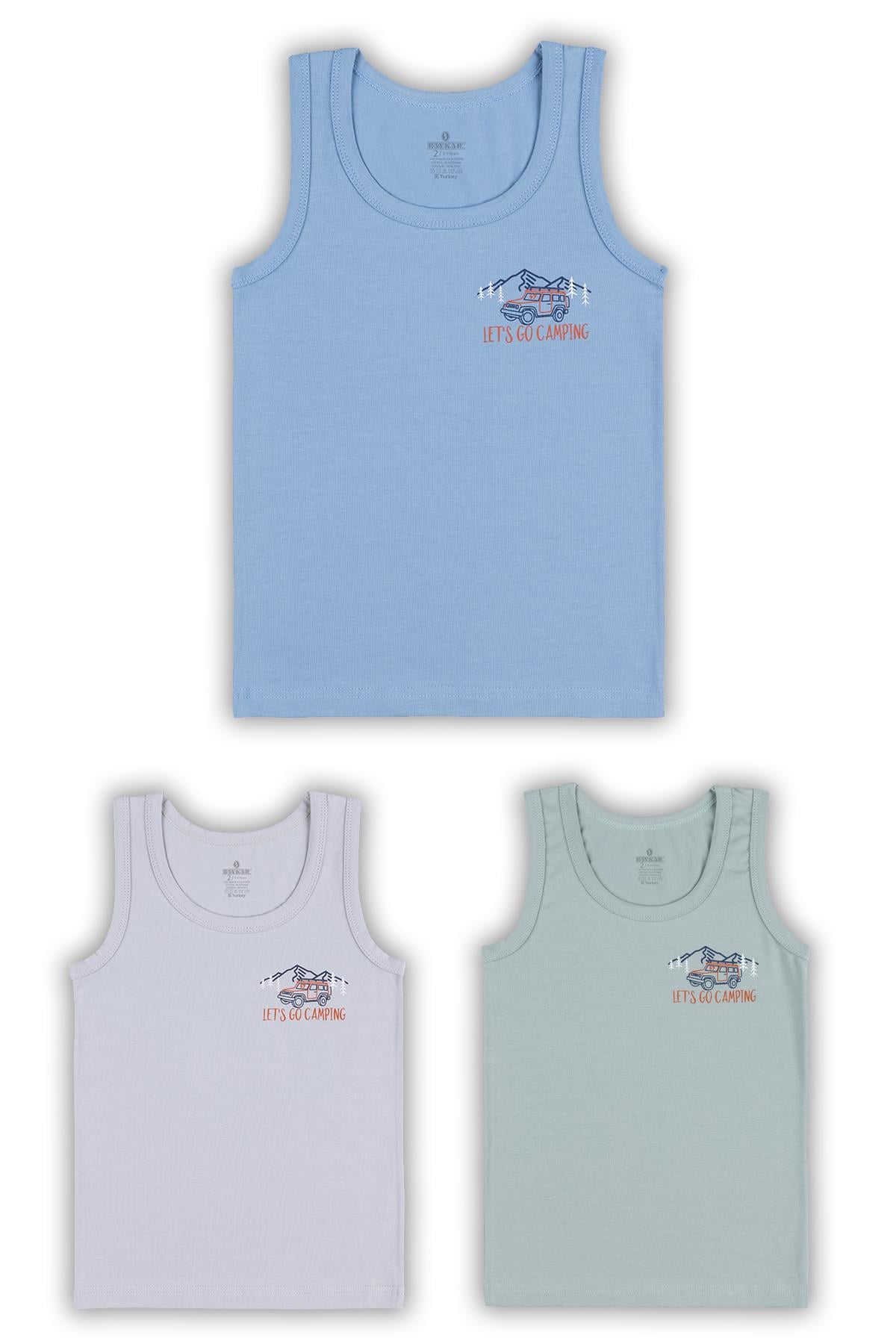 Erkek Çocuk Pamuklu Bisiklet Yaka Baskılı Atlet Tişört 3'lü Paket 2428 Renkli