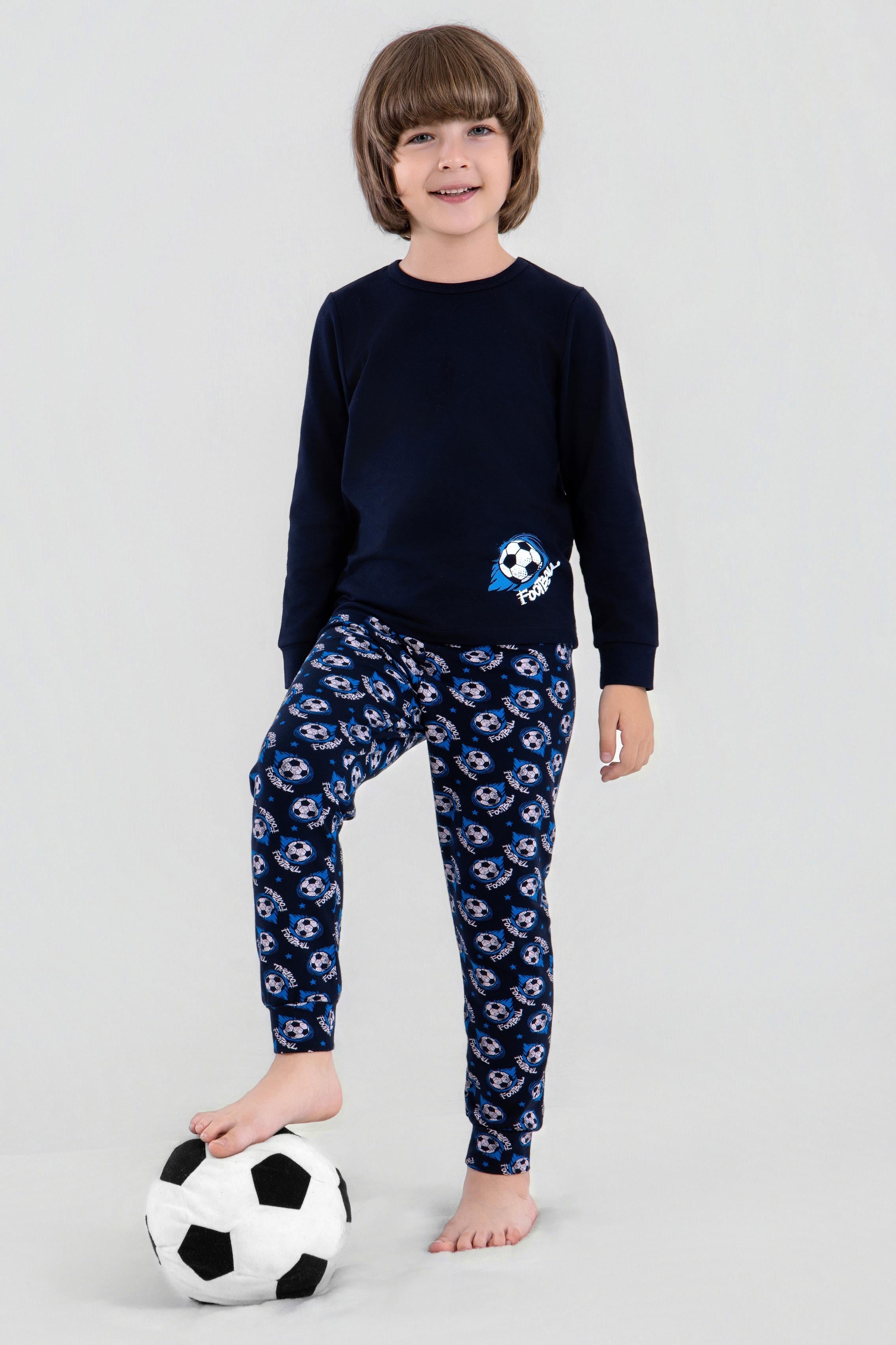 Erkek Çocuk Pamuklu Bisiklet Yaka Futbol Topu Baskılı Uzun Kollu Pijama Takımı 9622-1 Mavi