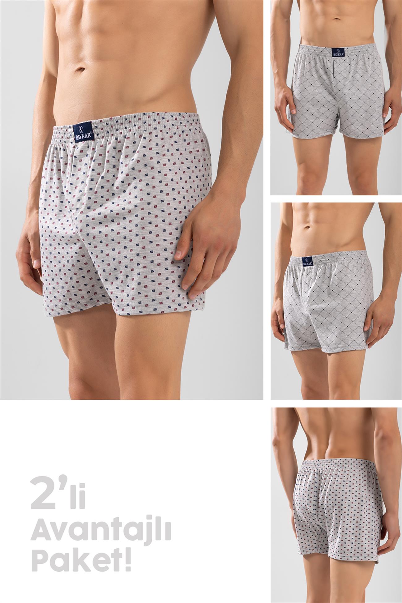 Erkek Pamuklu Klasik Rahat Kesim Desenli Boxer 2'li Paket Gri