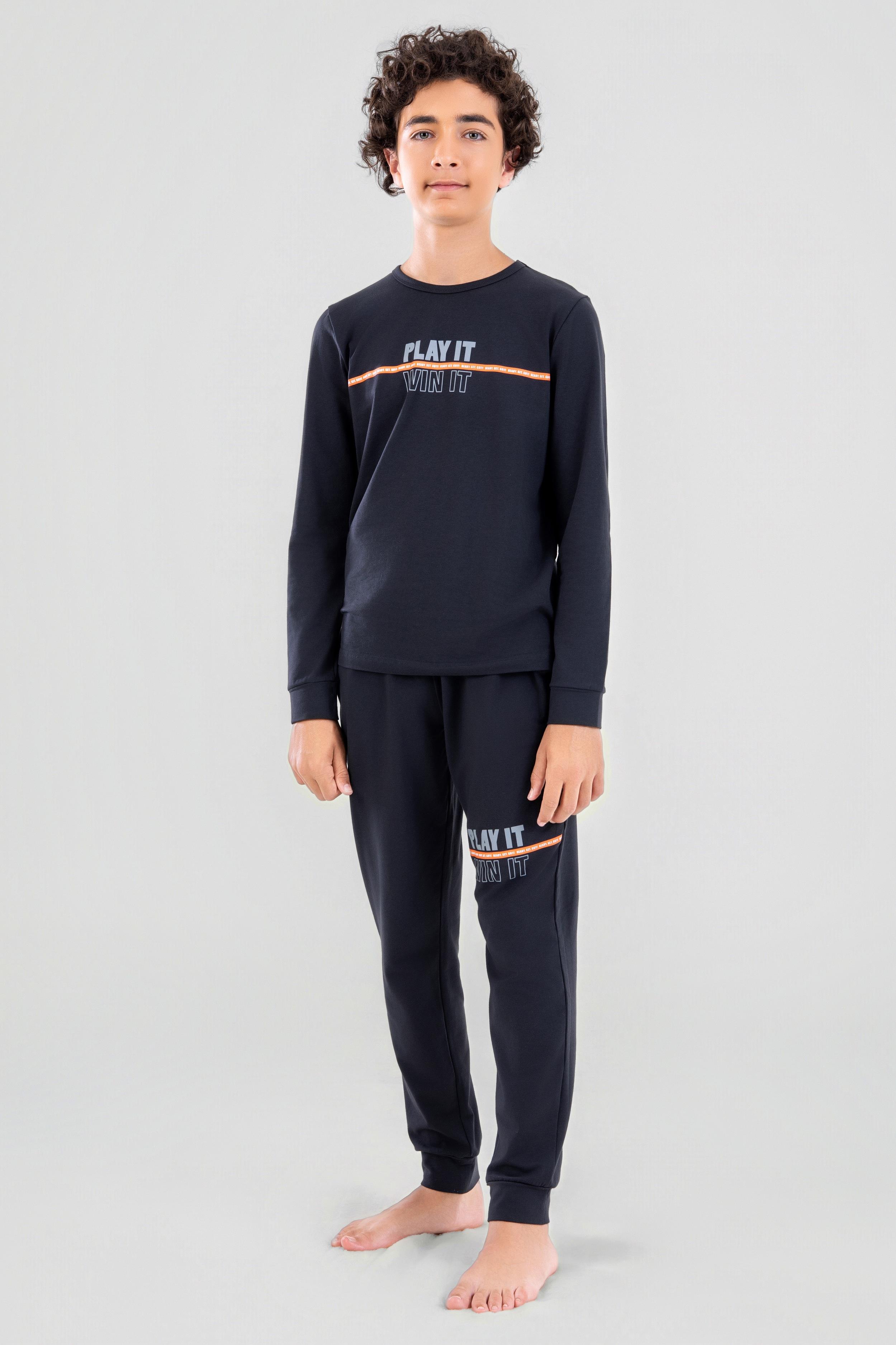 Genç Erkek Çocuk Pamuklu Bisiklet Yaka Uzun Kollu Pijama Takımı 9623-1 Siyah