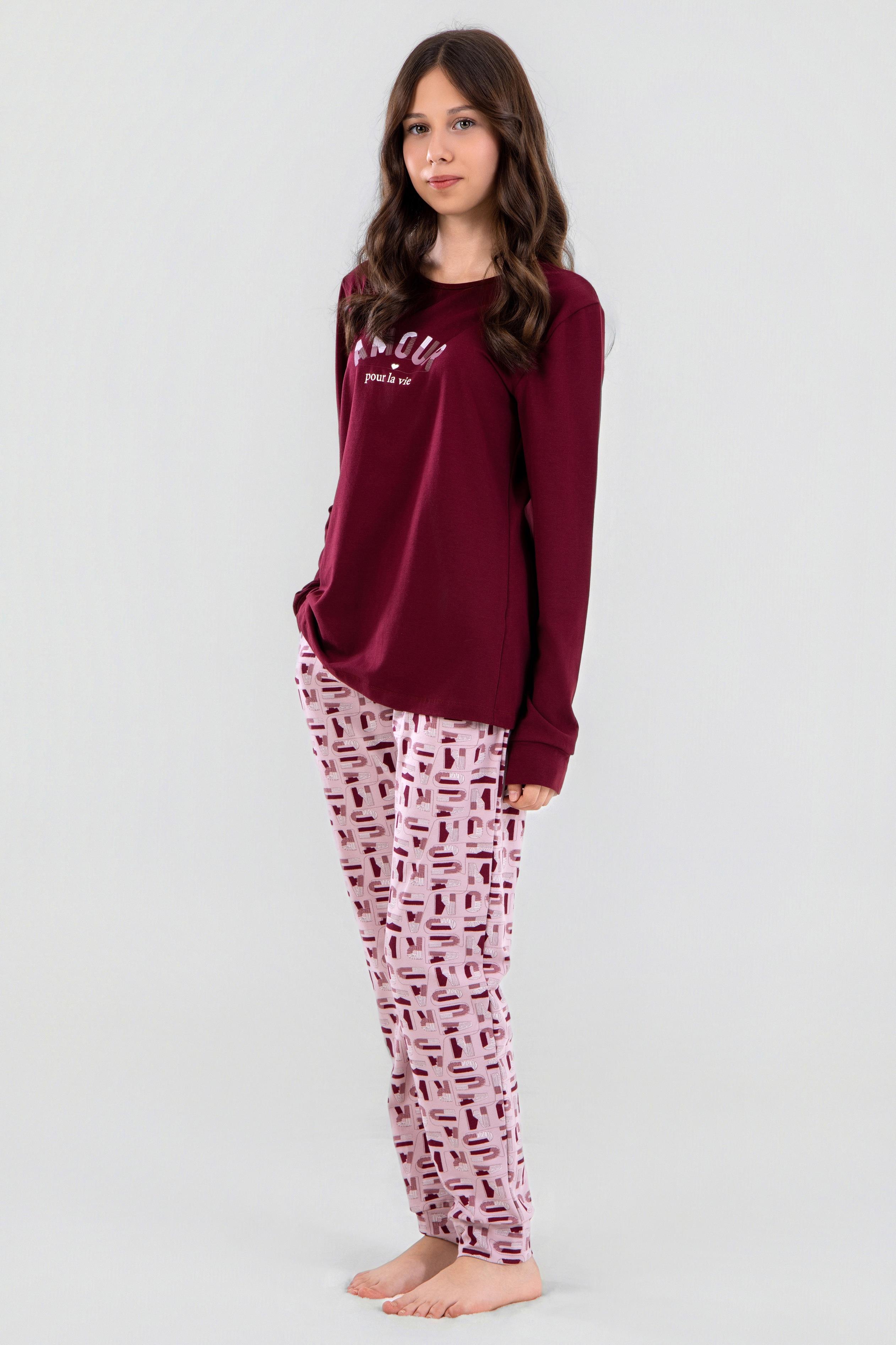 Genç Kız Çocuk Pamuklu Bisiklet Yaka Amour Baskılı Uzun Kollu Pijama Takımı 9252 Bordo
