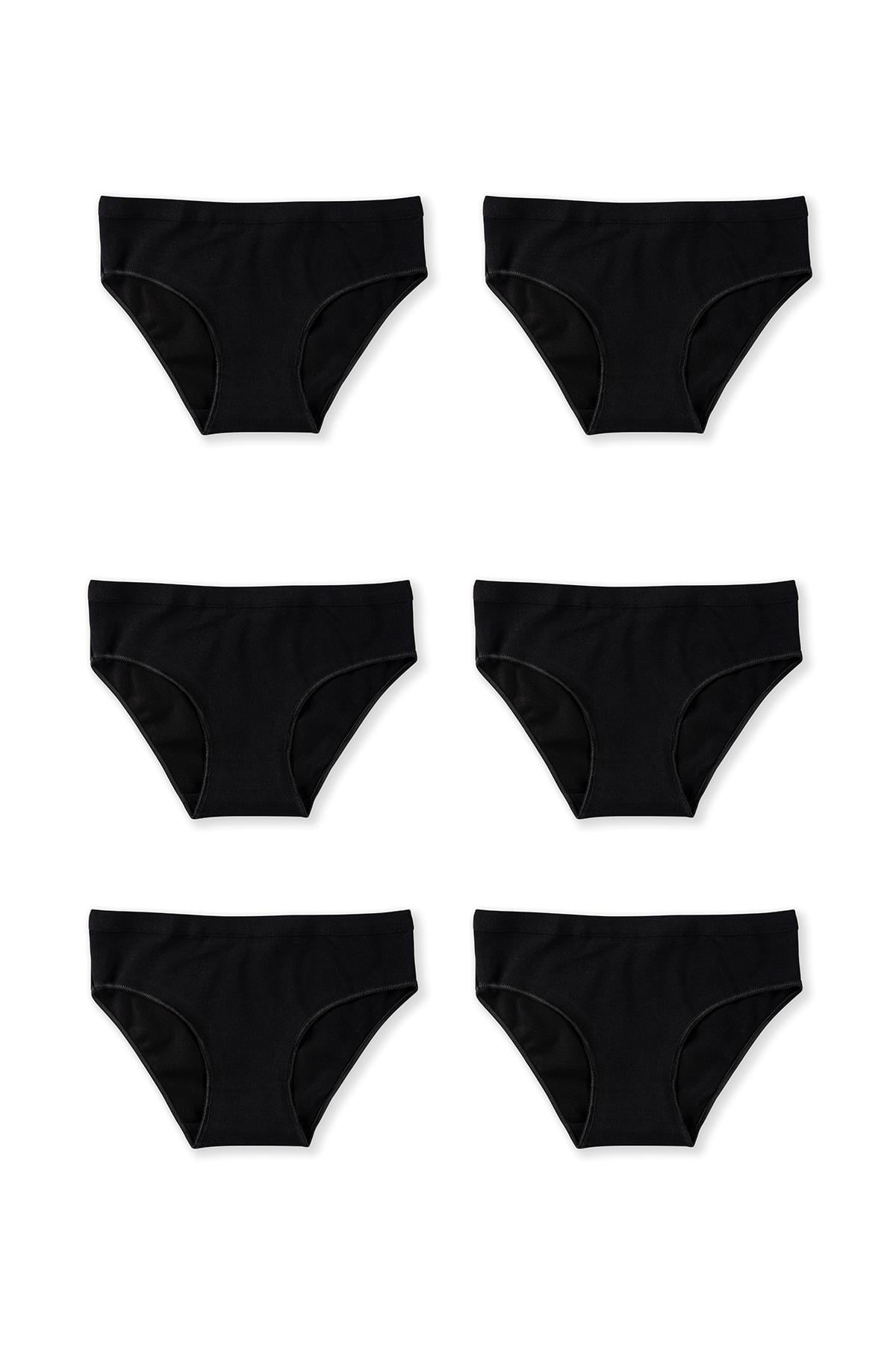 Genç Kız Çocuk Pamuklu Likralı Bikini Kesim Düz Basic Külot 6'lı Paket 5005 Siyah