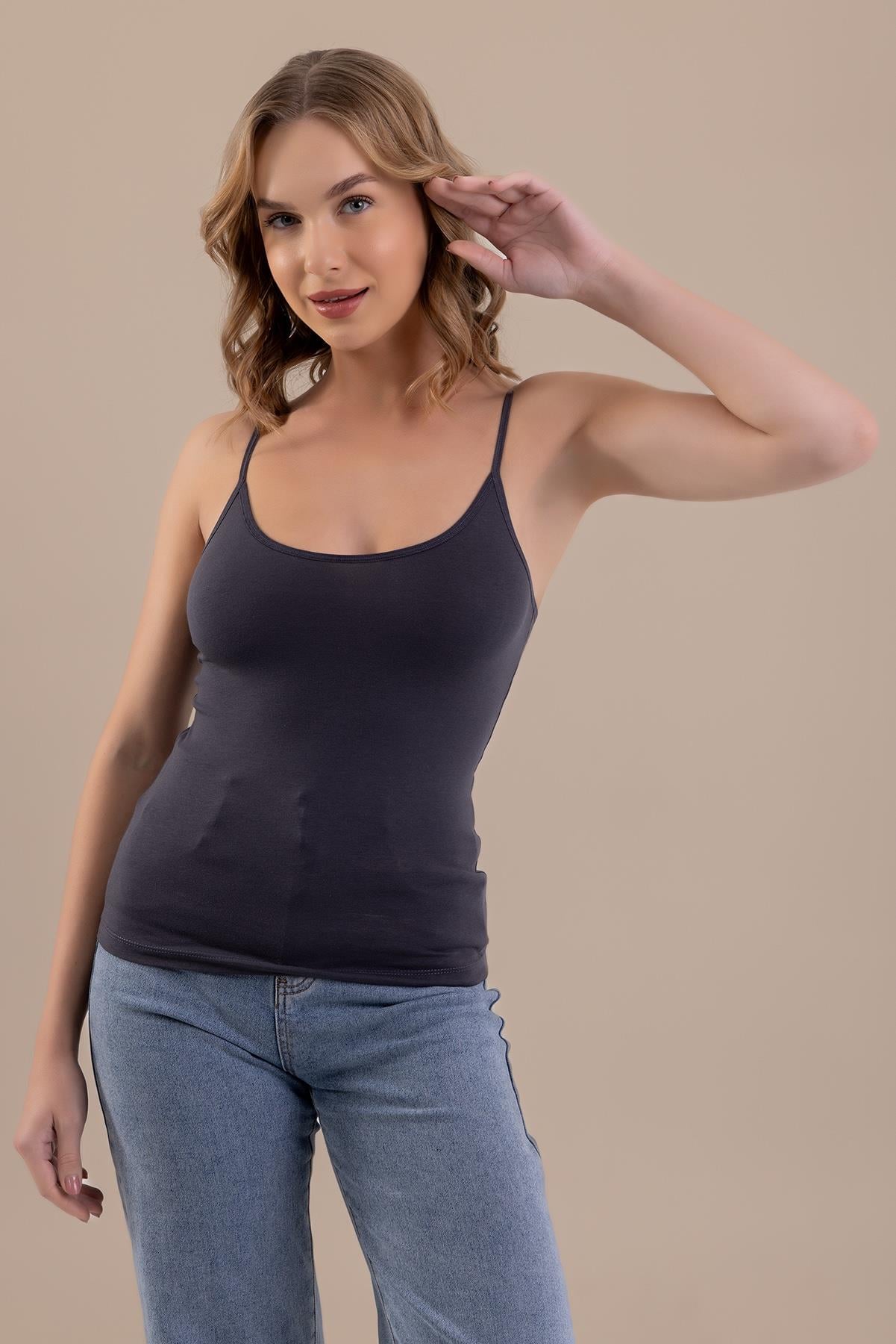 İp Askılı Oval Yaka Pamuklu Basic Kadın Atlet 6305 ANTRASIT