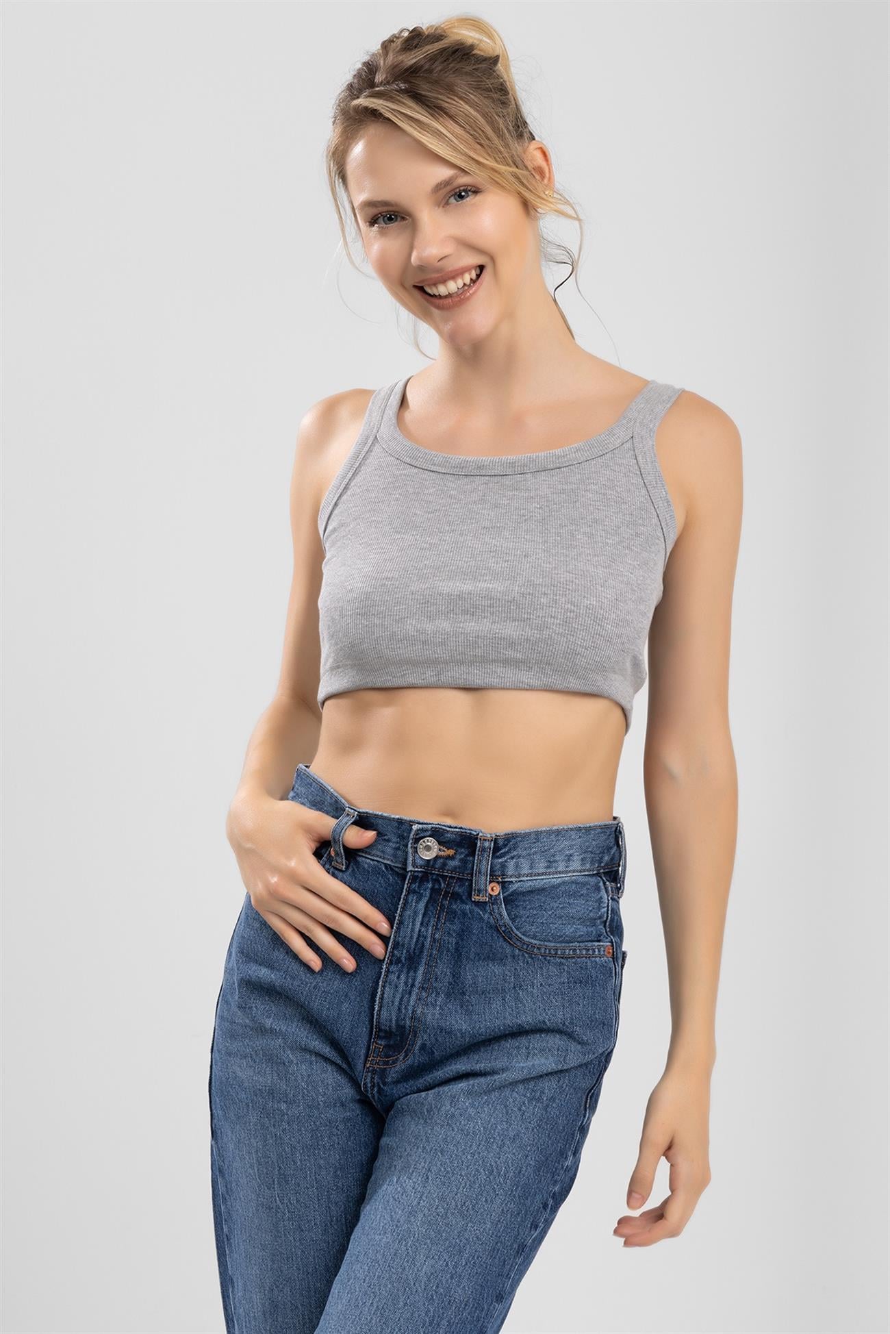 Kadın Oval Yaka Kalın Askılı Kaşkorse Crop Büstiyer Gri