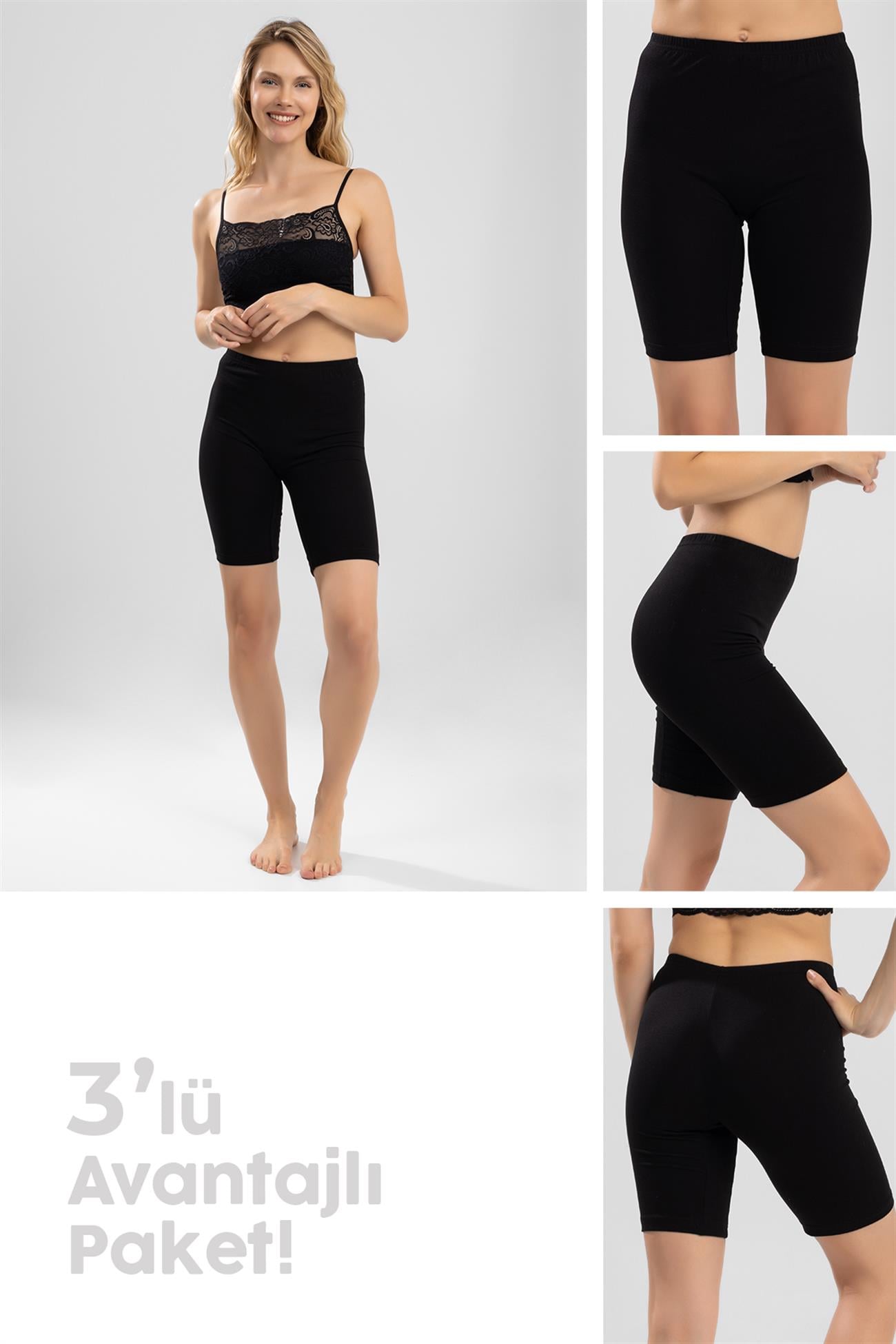 Kadın Pamuklu Diz Üstü Paçalı Kalın Penye İçlik Tayt 3'lü Paket Siyah