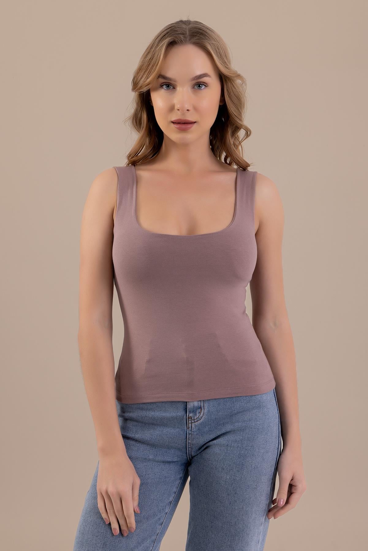 Kalın Askılı Kare Yaka Çıkarılabilir Pedli Sütyenli Kadın Atlet 6300 Gül kurusu