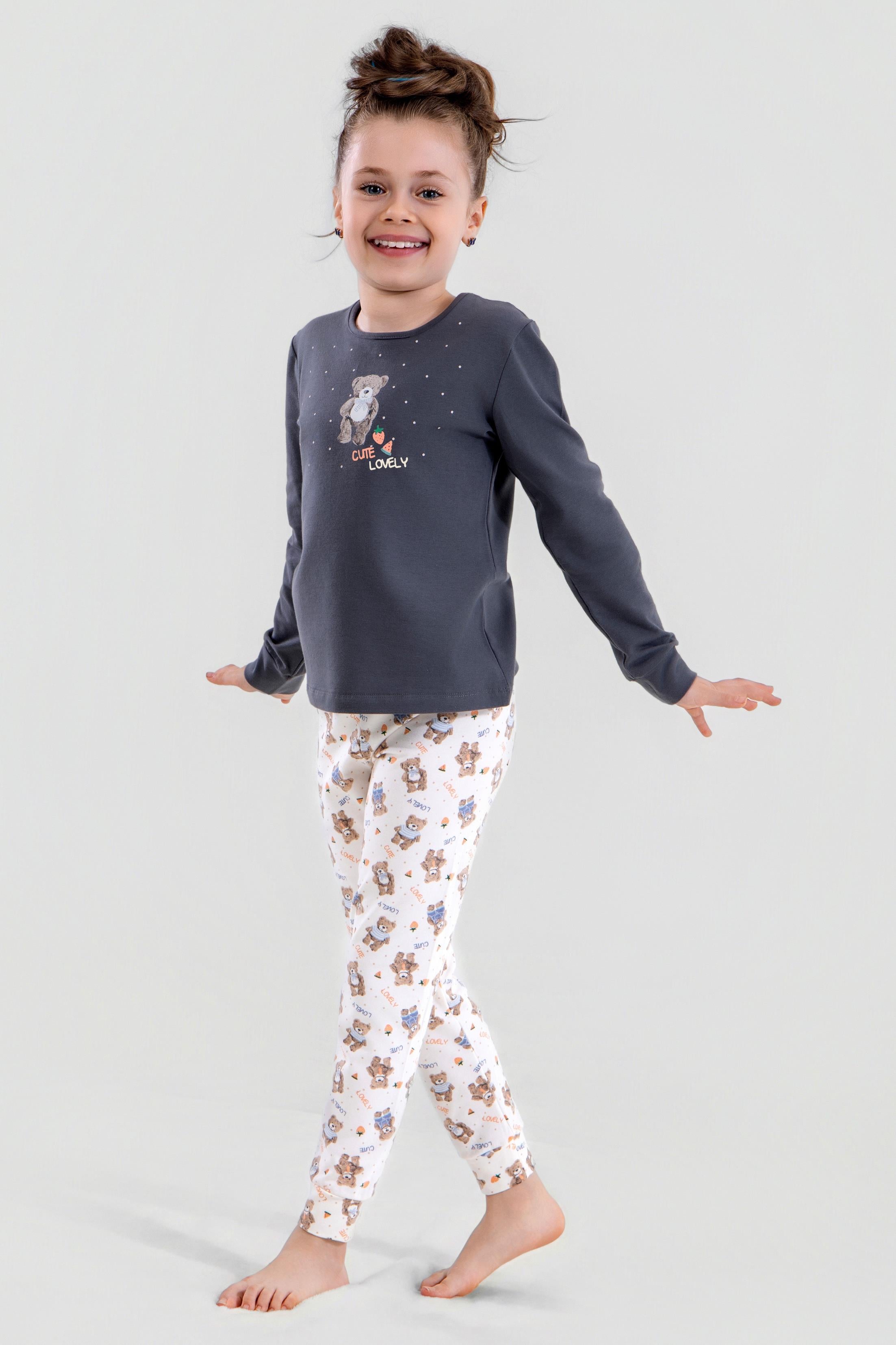 Kız Çocuk Pamuklu Bisiklet Yaka Ayıcık Baskılı Uzun Kollu Pijama Takımı 9251 Lacivert