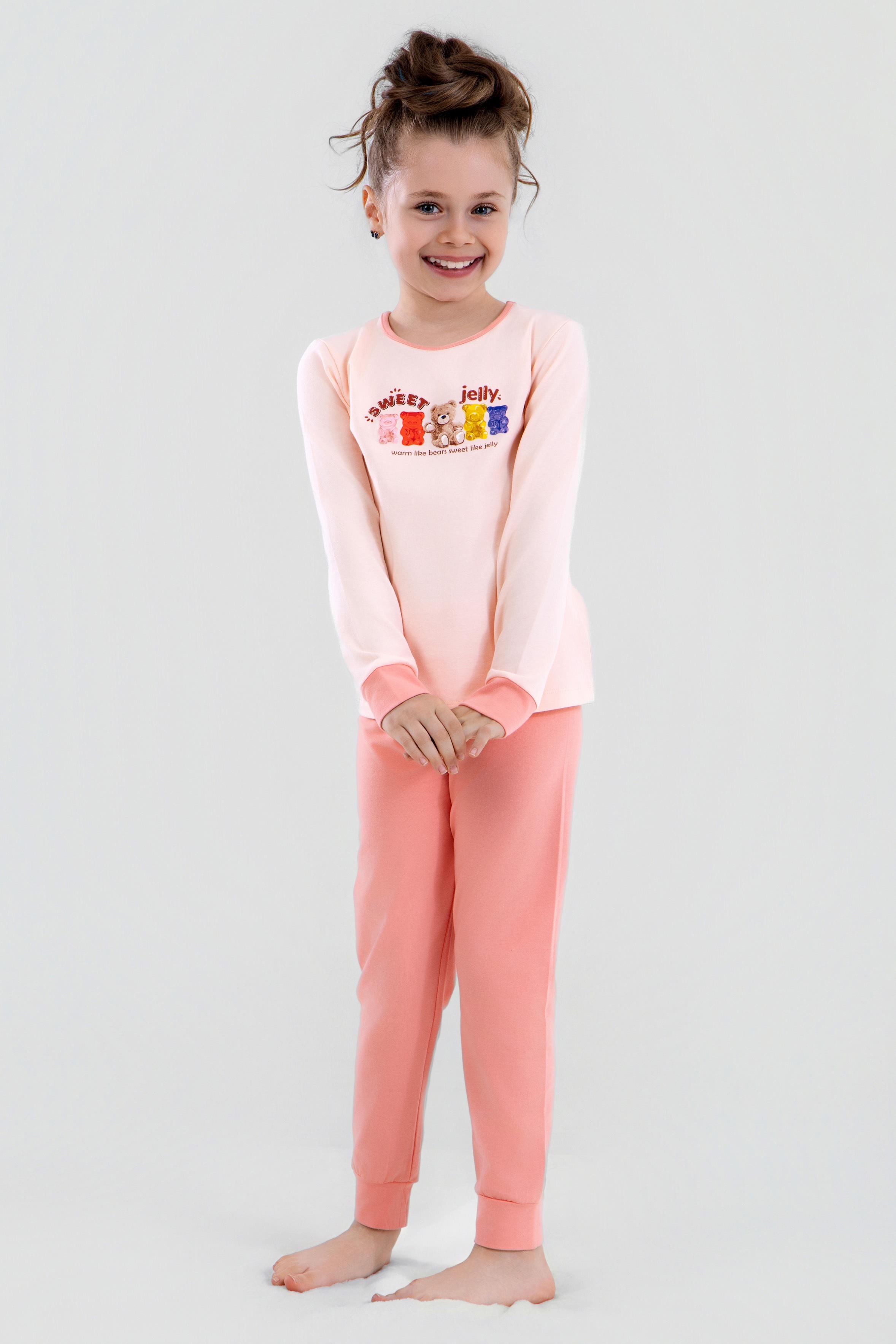 Kız Çocuk Pamuklu Bisiklet Yaka Jelly Ayıcık Baskılı Uzun Kollu Pijama Takımı 9250 Koyu Somon