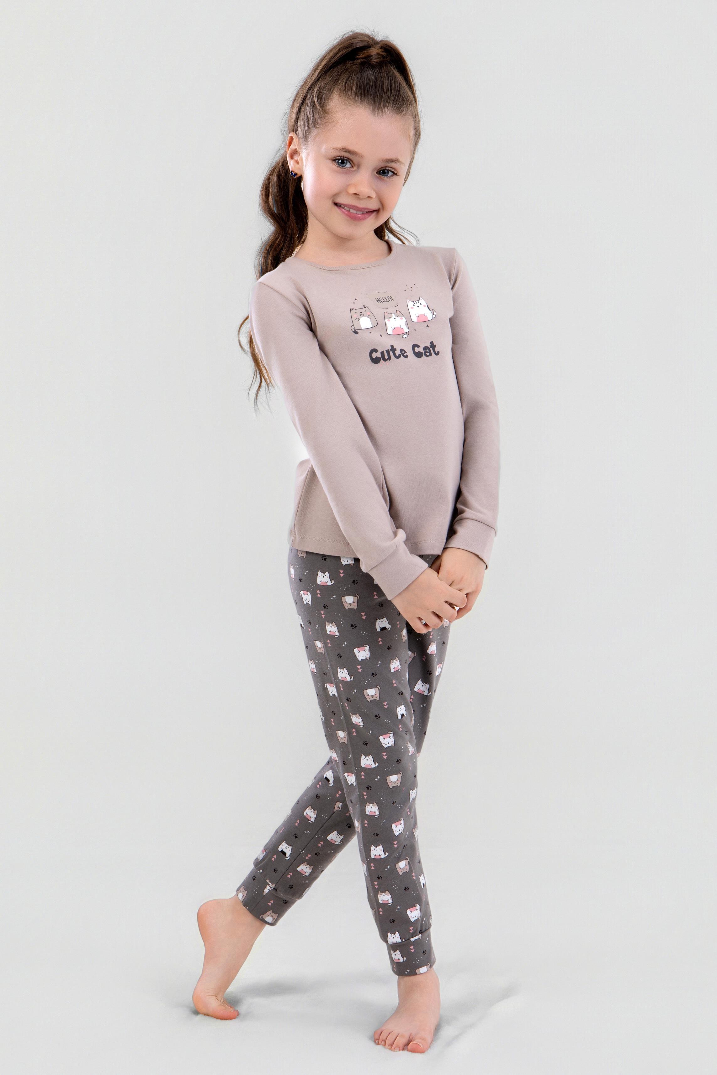Kız Çocuk Pamuklu Bisiklet Yaka Kedi Baskılı Uzun Kollu Pijama Takımı 9248 BEJ