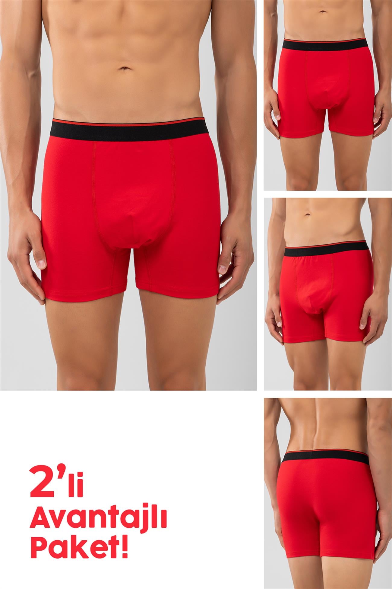 Pamuklu Siyah Şeritli Likralı Klasik Erkek Boxer 2'li Paket Kırmızı