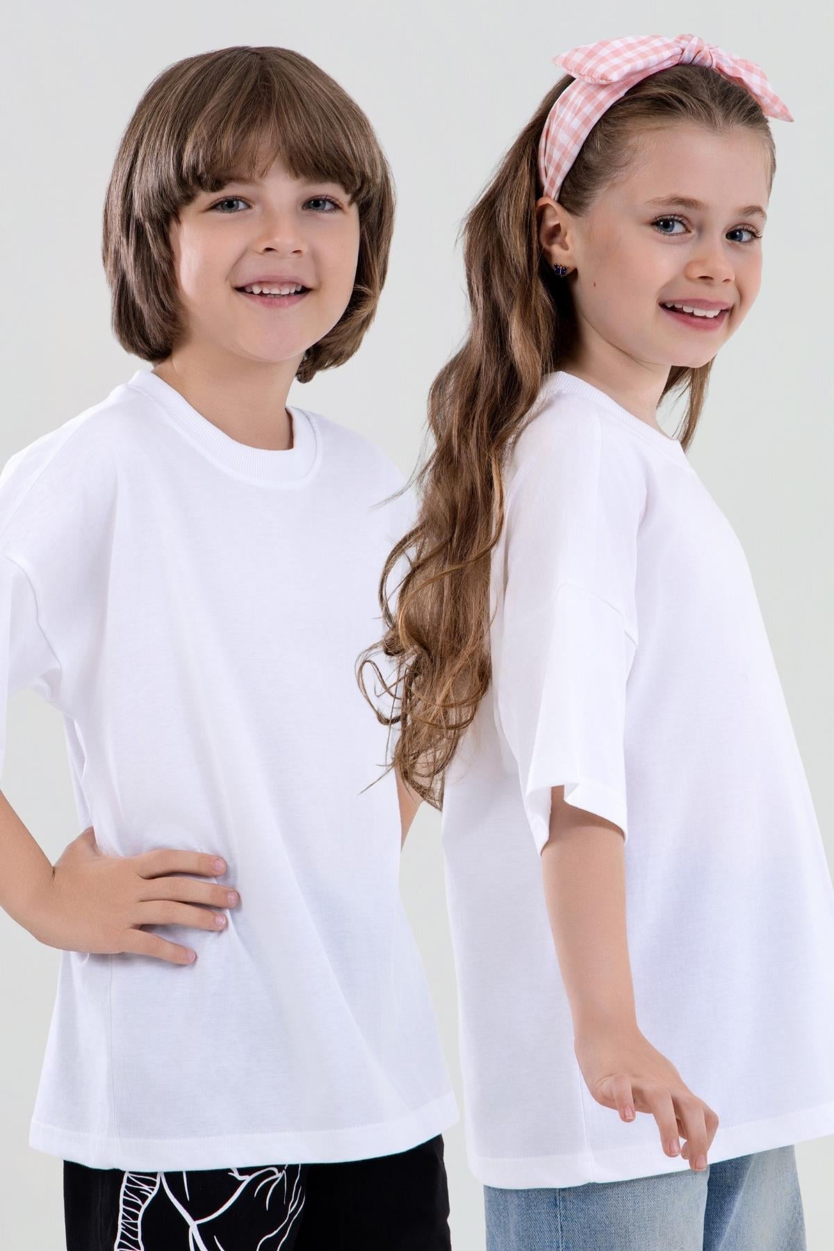 Unisex Çocuk Bisiklet Yaka Kısa Kol %100 Pamuk Oversize Tişört Beyaz