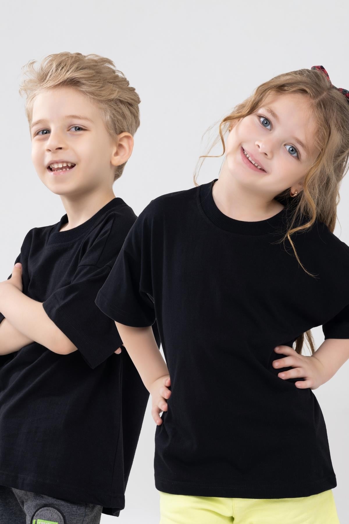 Unisex Çocuk Bisiklet Yaka Kısa Kol %100 Pamuk Oversize Tişört Siyah