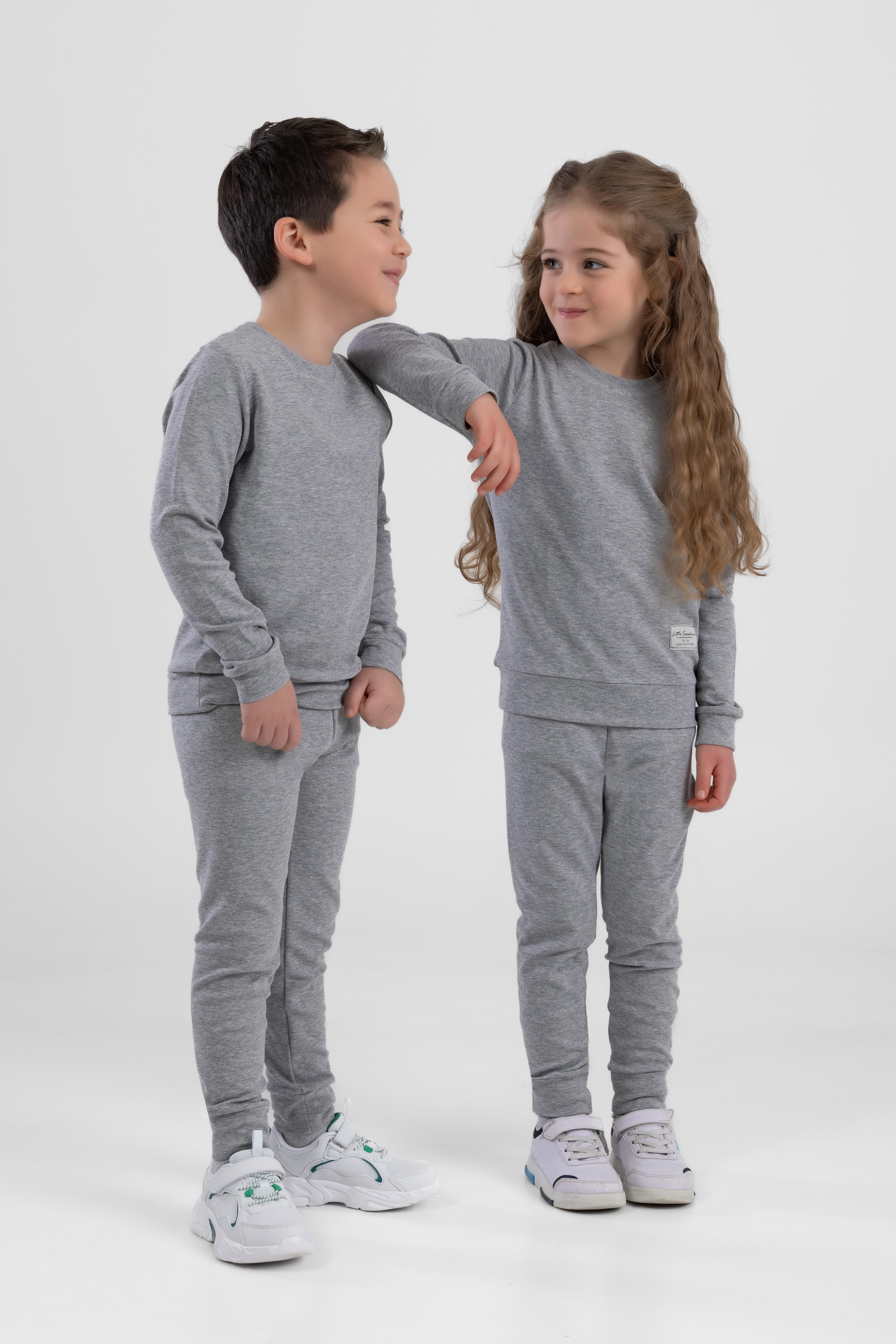 Unisex Çocuk Ribana Kumaş Rahat Eşofman Takımı Gri