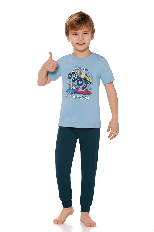 Erkek Çocuk Pamuklu Bisiklet Yaka Baskılı Kısa Kollu Pijama Takımı 9667 Mavi