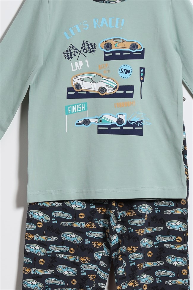 Baykar Erkek Çocuk Araba Baskılı Pijama Takımı 9717 Açık Yeşil