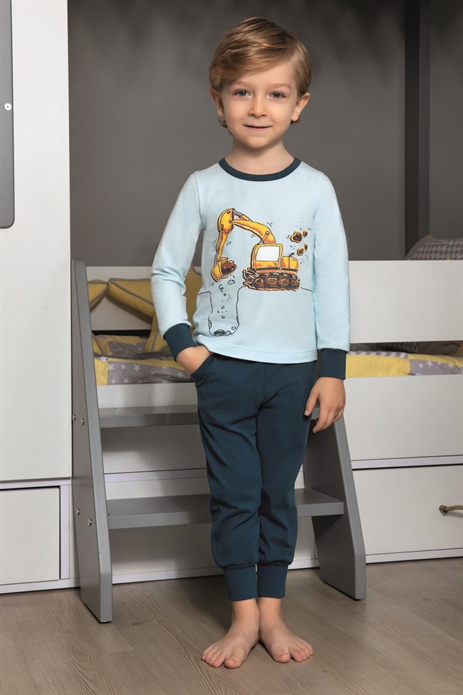 Baykar Erkek Çocuk Kepçe Makine Baskılı Pijama Takımı 9747 Petrol Mavi