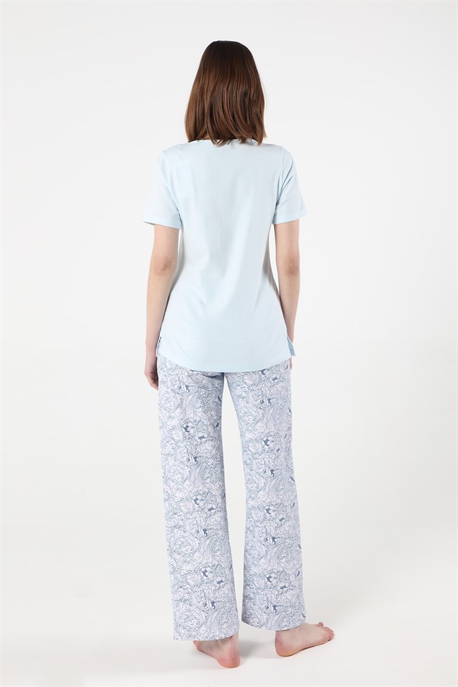 Baykar Kadın Desenli Kısa Kollu Pijama Takımı 9484 Mavi