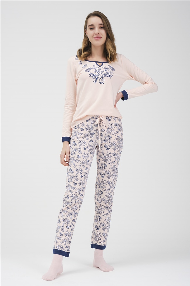 Baykar Kadın Kelebek Desenli Pijama Takımı 9580 Somon