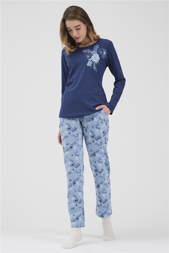 Baykar Kadın Uzun Kollu Çiçekli Pijama Takımı 9913 Mavi