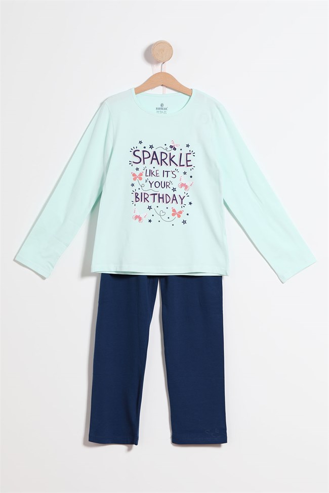 Baykar Kız Çocuk Doğum Günü Temalı Pijama Takımı 9258 Açık Yeşil