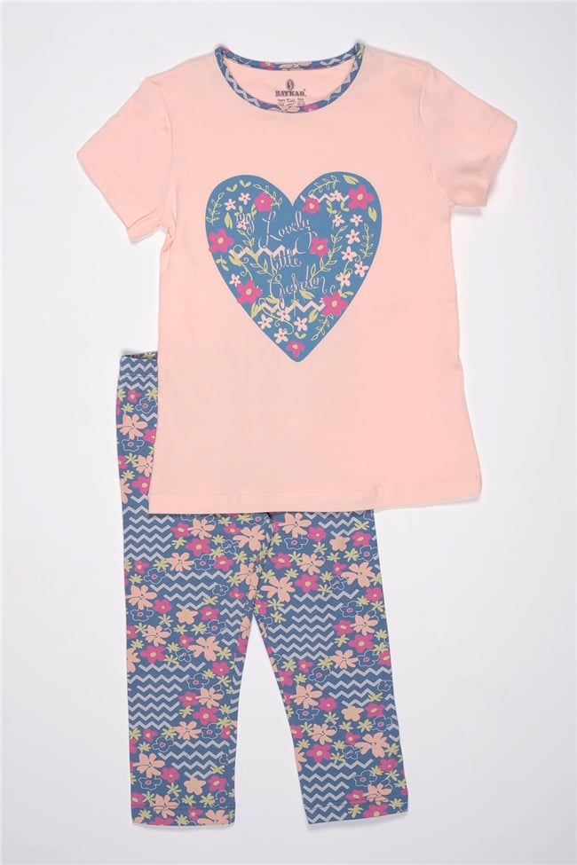 Baykar Kız Çocuk Kalp Baskılı Kaprili Pijama Takımı 9286 Somon
