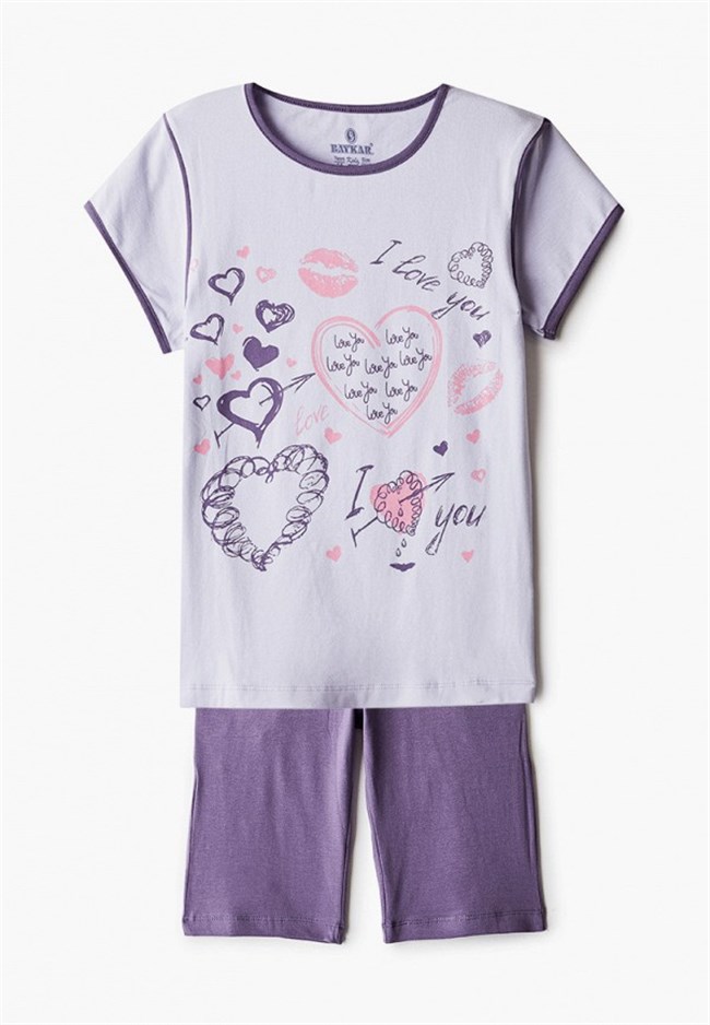 Baykar Kız Çocuk Kalp Baskılı Kaprili Pijama Takımı 9283 Lila