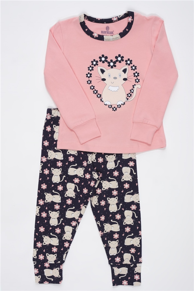 Baykar Kız Çocuk Kalp Baskılı Pijama Takımı 9240 Pembe