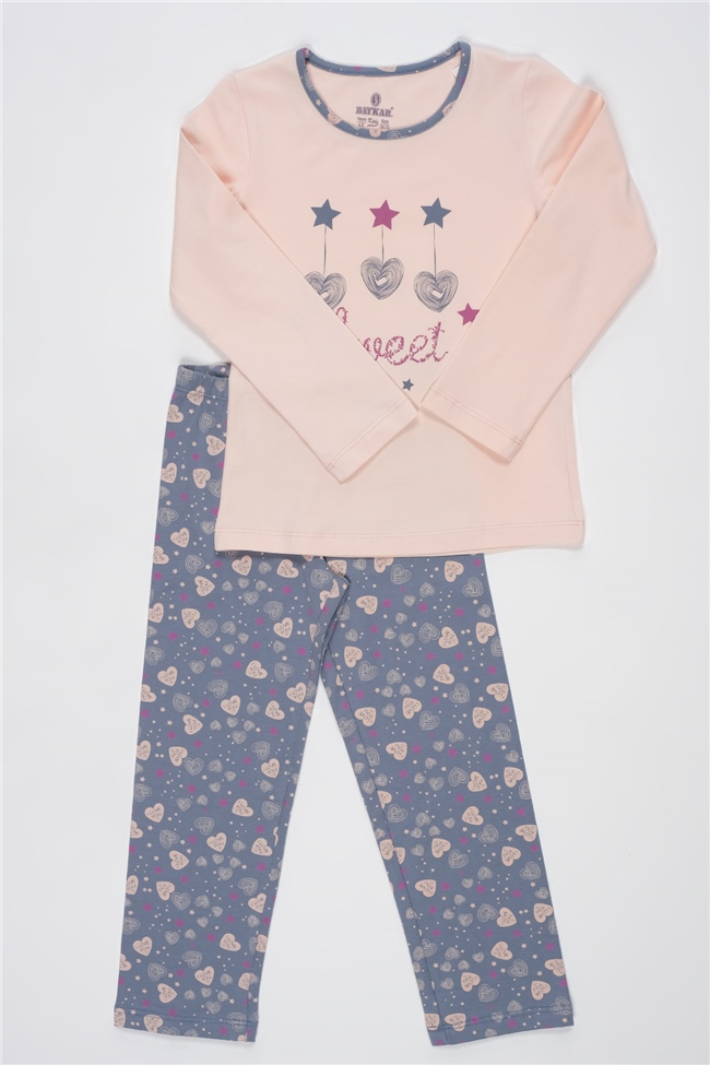Baykar Kız Çocuk Kalp Baskılı Pijama Takımı 9255 Açık Pembe