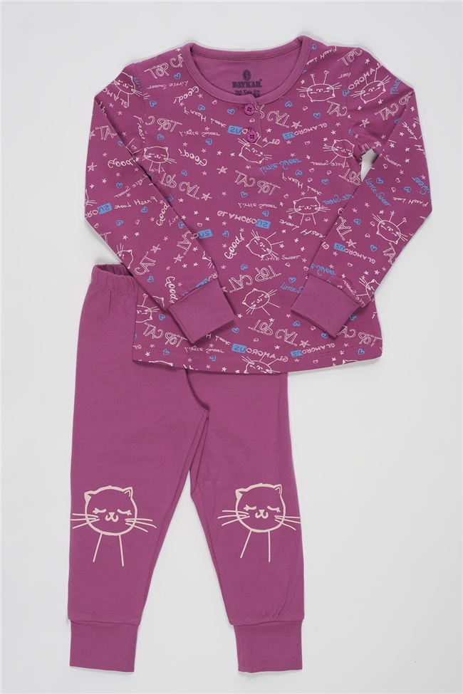 Baykar Kız Çocuk Kedi Baskılı Pijama Takımı 9242 Pembe