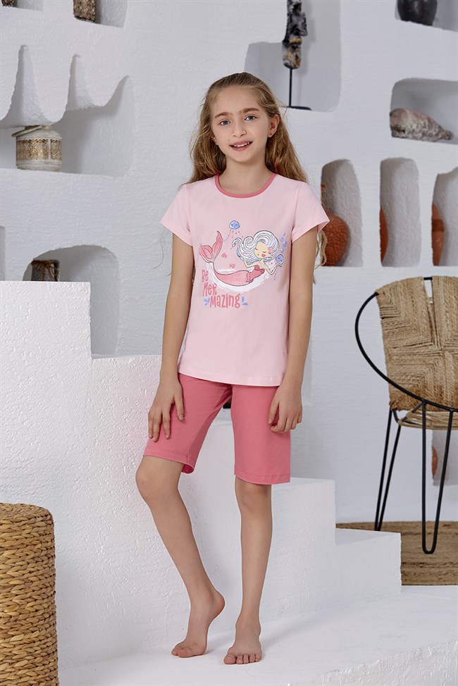 Baykar Kız Çocuk Şortlu Pijama Takımı 9166 Toz Pembe