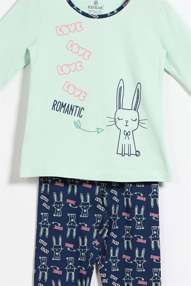 Baykar Kız Çocuk Tavşan Baskılı Uzun Kollu Pijama Takımı 9295 Lacivert