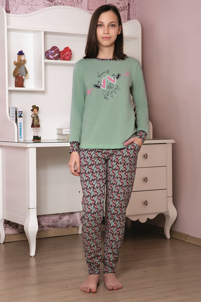 Baykar Kız Çocuk Uzun Kollu Desenli Pijama Takımı 9100 Su Yeşili