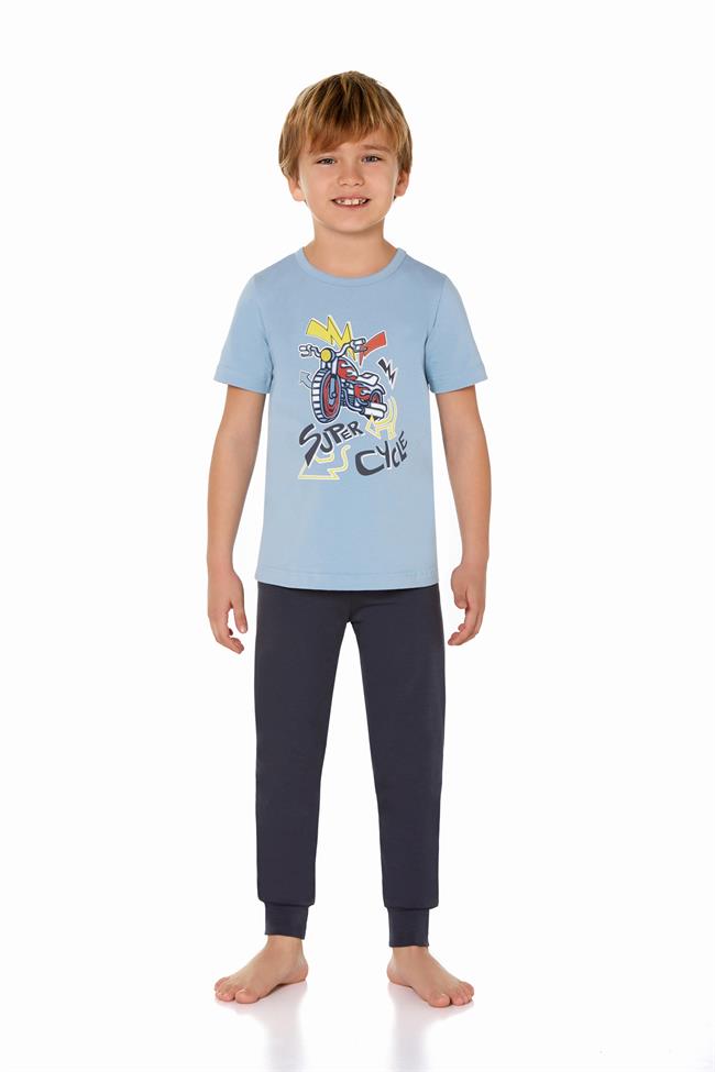 Erkek Çocuk Pamuklu Bisiklet Yaka Baskılı Kısa Kol Şortlu Pijama Takımı 9669 Mavi