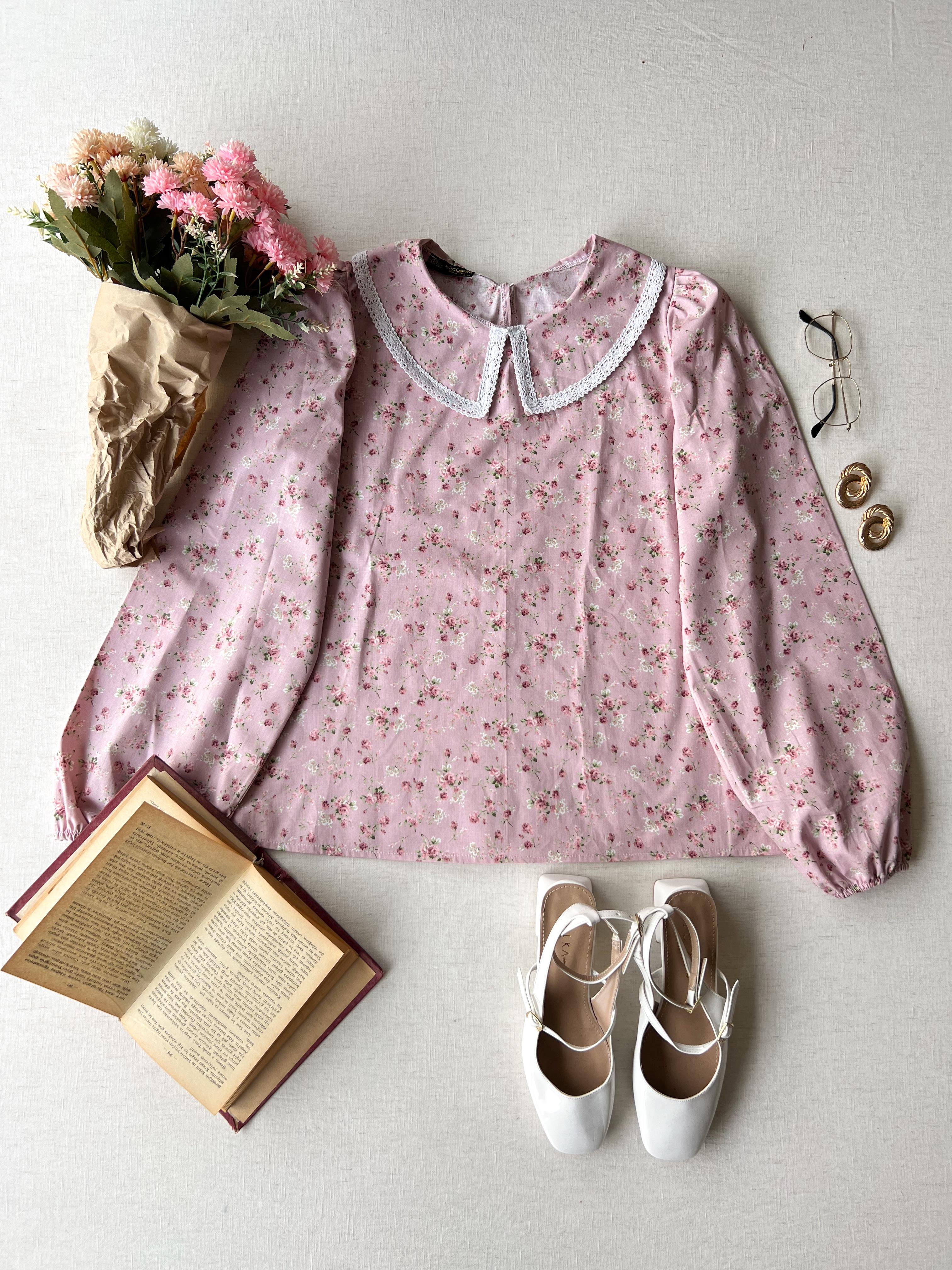  Vintage Pembe-Bordo Çiçekli Bebe Yaka Poplin Bluz