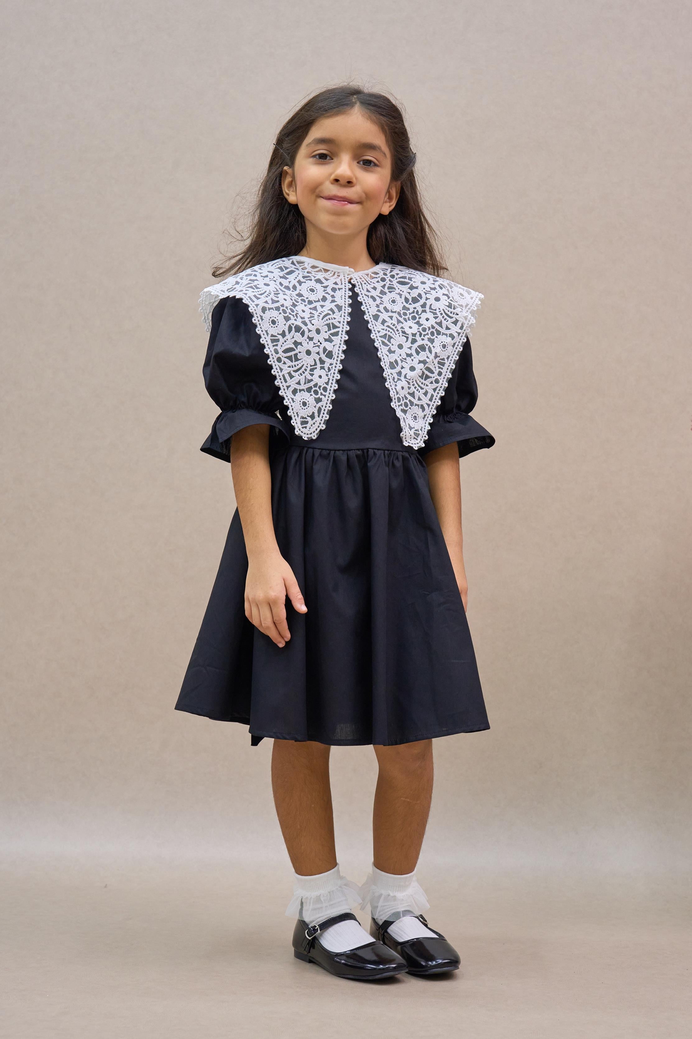  Vintage Yakalı Siyah Kız Çocuk Poplin Elbise