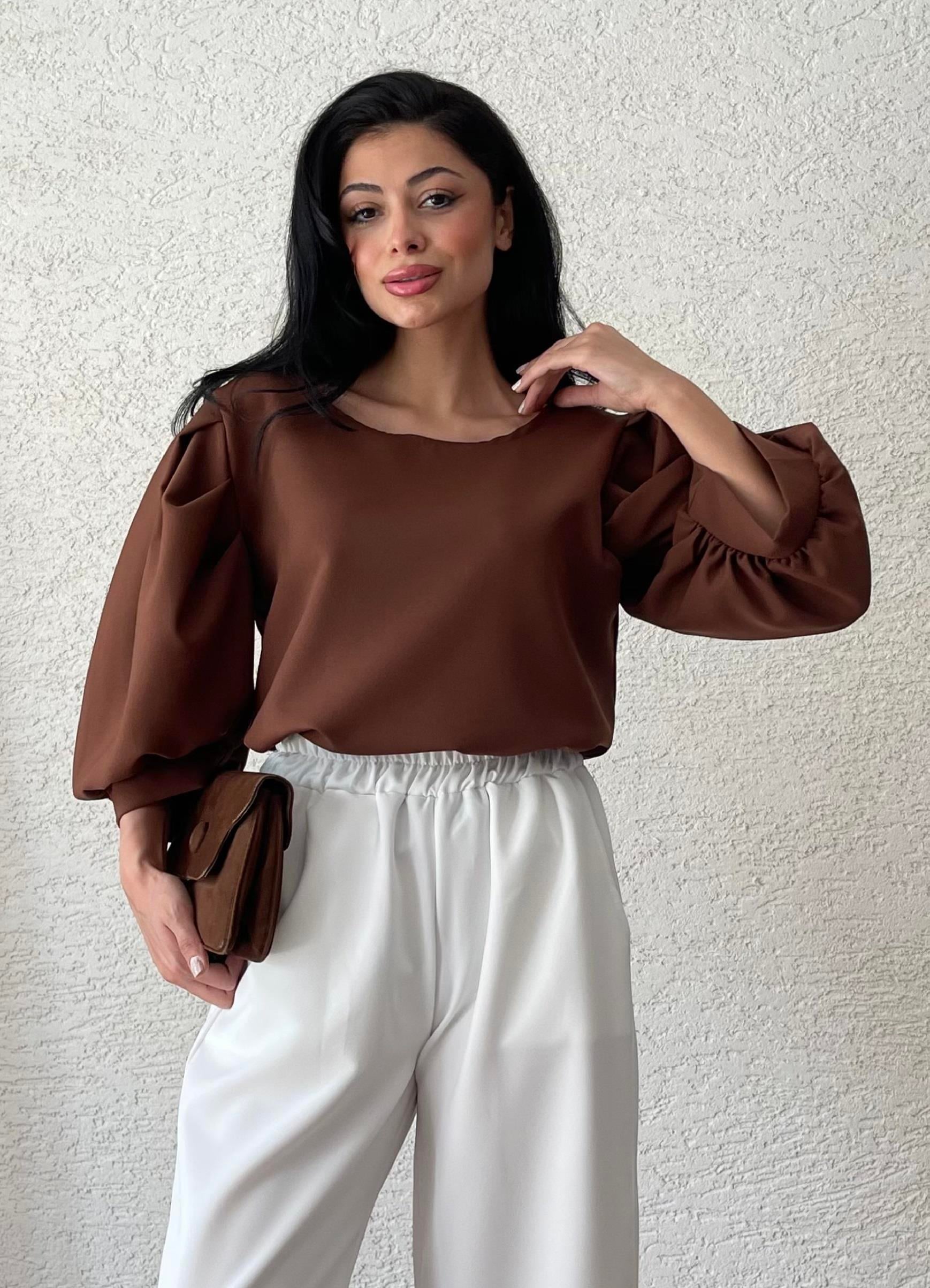 2-Kahverengi Krep Balon Kol Bisiklet Yaka Bluz