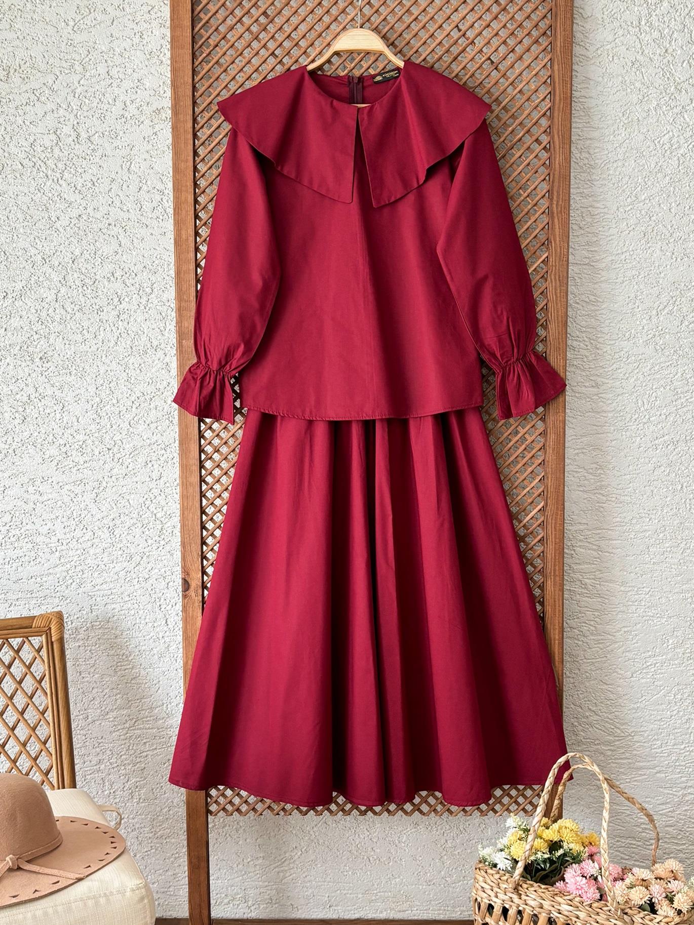 Bordo Büyük Yakalı Poplin Bluz ve Büzgülü Kloş Etek Takımı