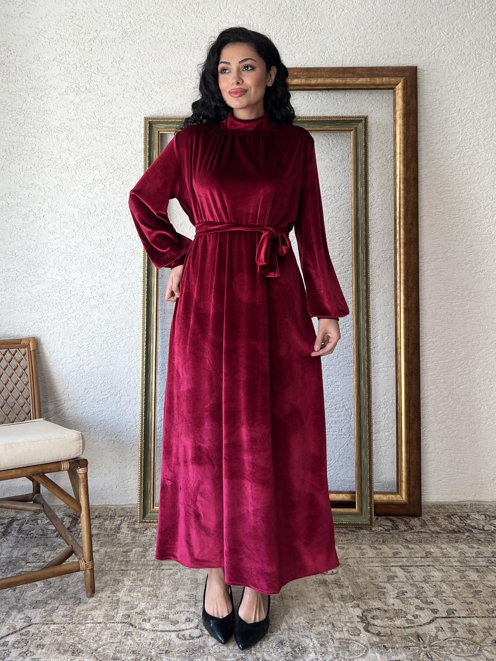 Bordo Uzun Kadife Elbise