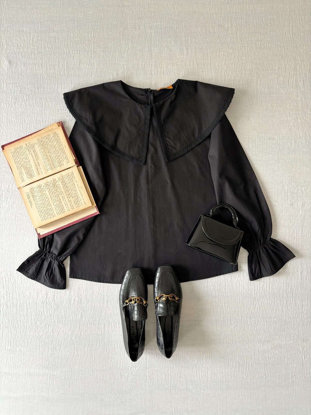 Büyük Yakalı Dantelli Poplin Bluz