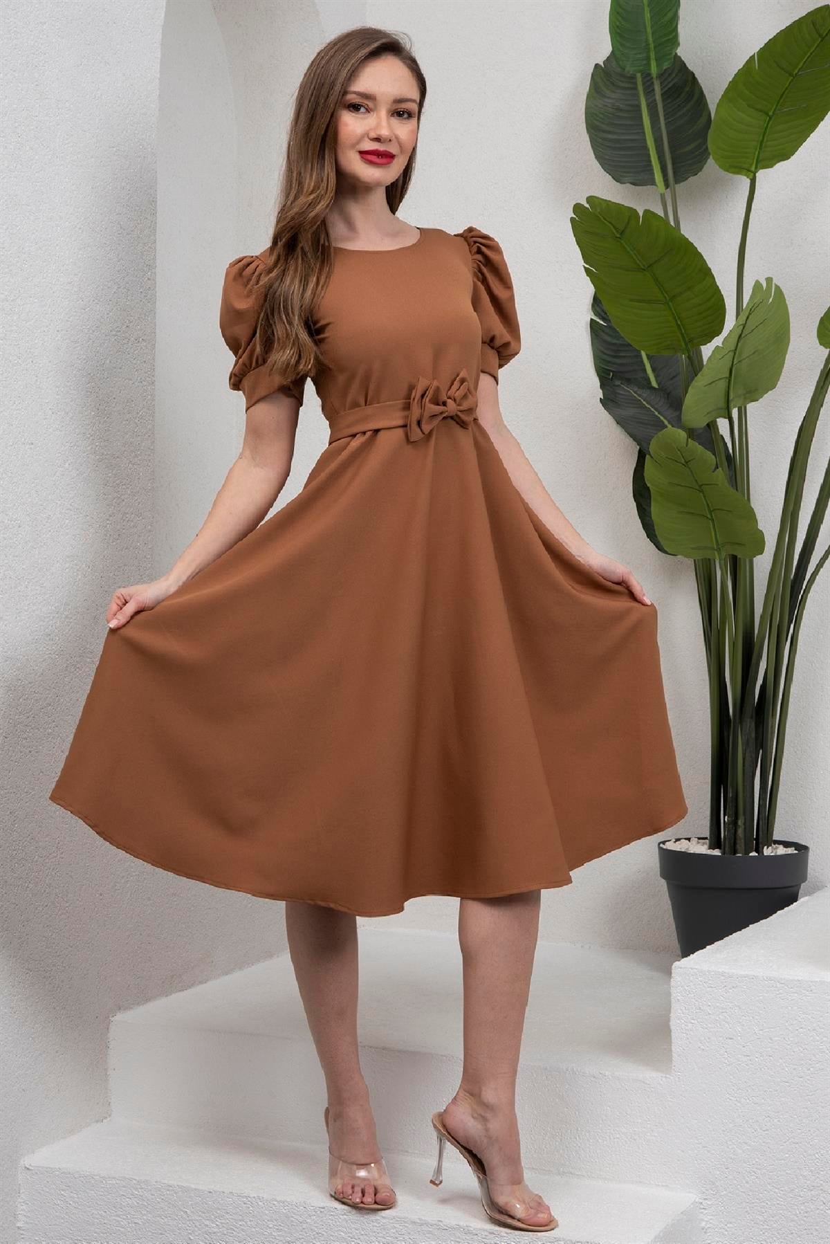 Camel Rengi Karpuz Kollu Kloş Midi Boy Elbise