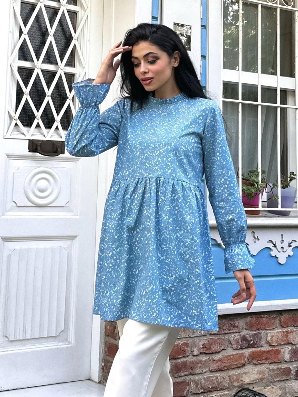 Fırfır Yakalı Mavi Poplin Tunik