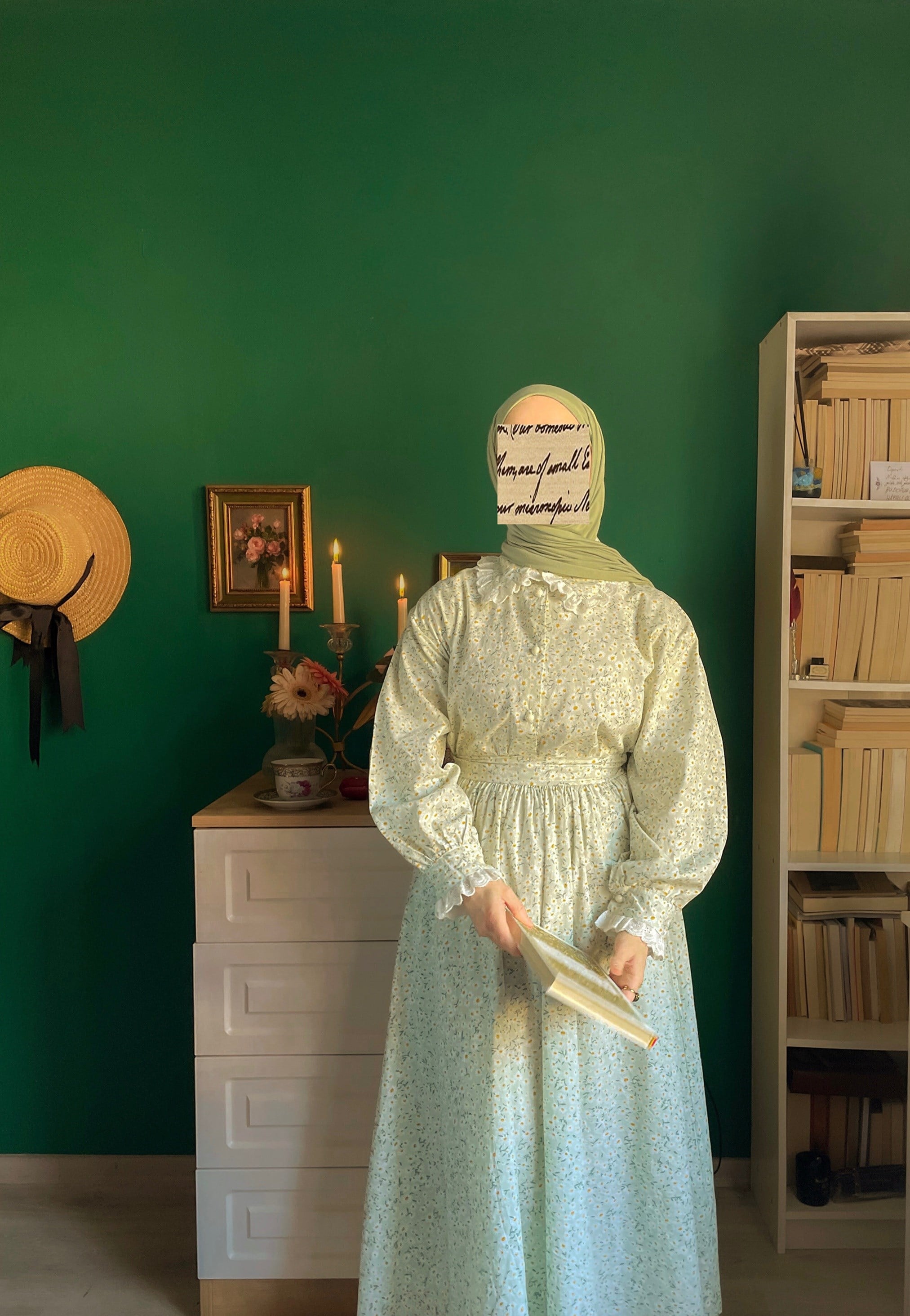 Fisto Dantelli Su Yeşili Papatya Desen Poplin Gömlek