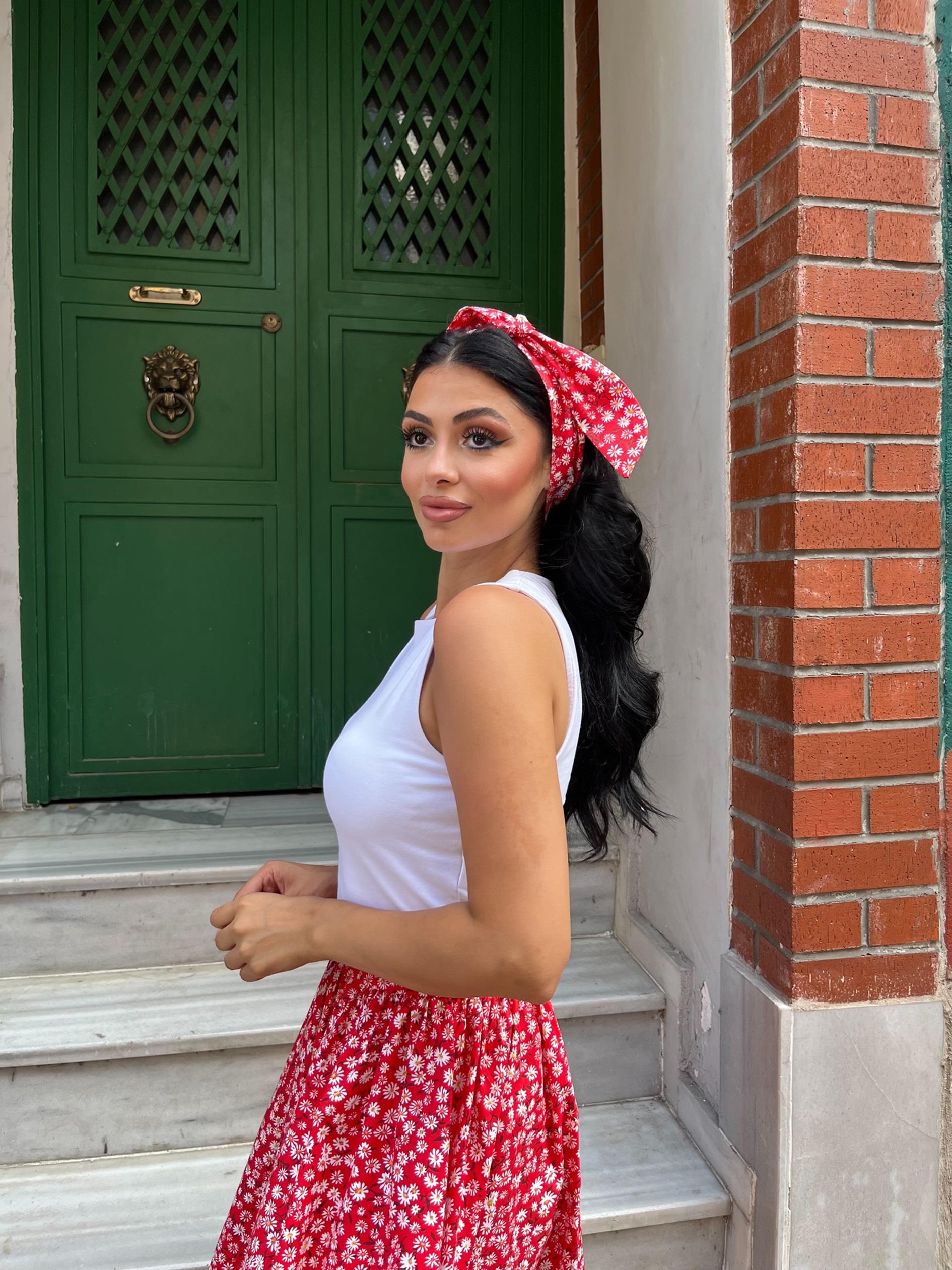 Kırmızı Papatya Desenli Poplin Bandana