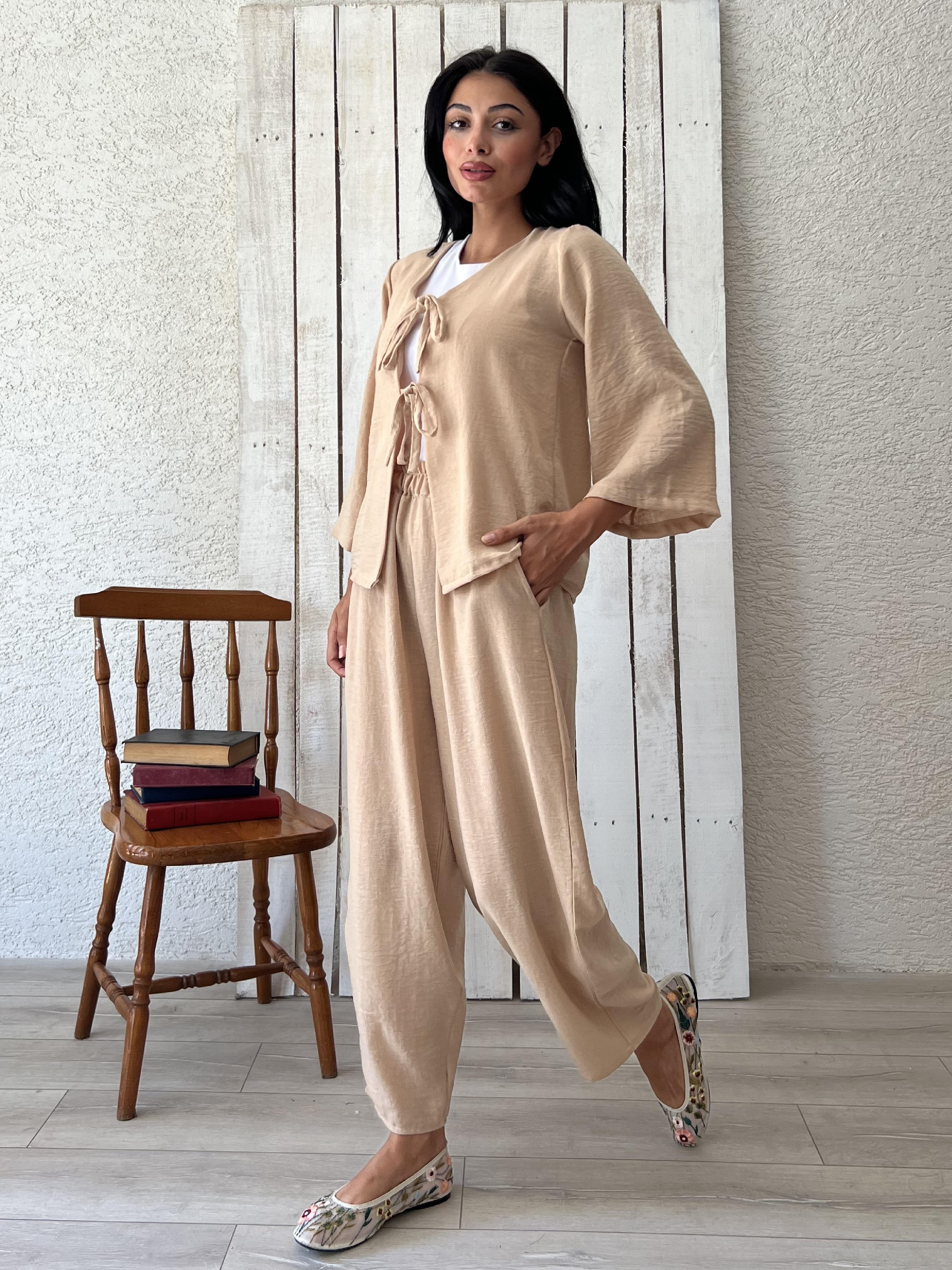 Krem Keten Pantolon-Bağlamalı Bluz Takımı (2 li Takım)