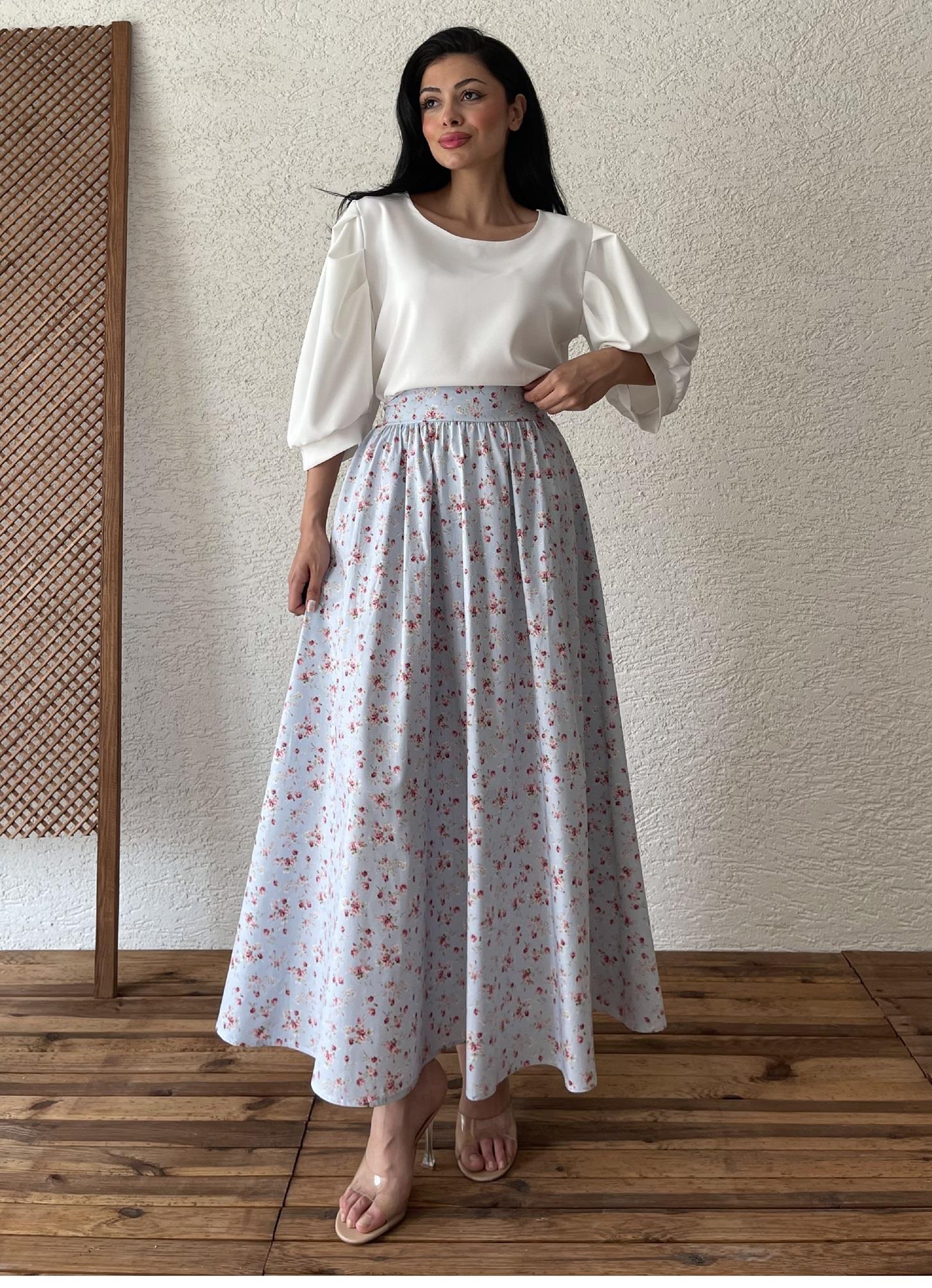 Mavi-Bordo Çiçekli Kloş Poplin Etek