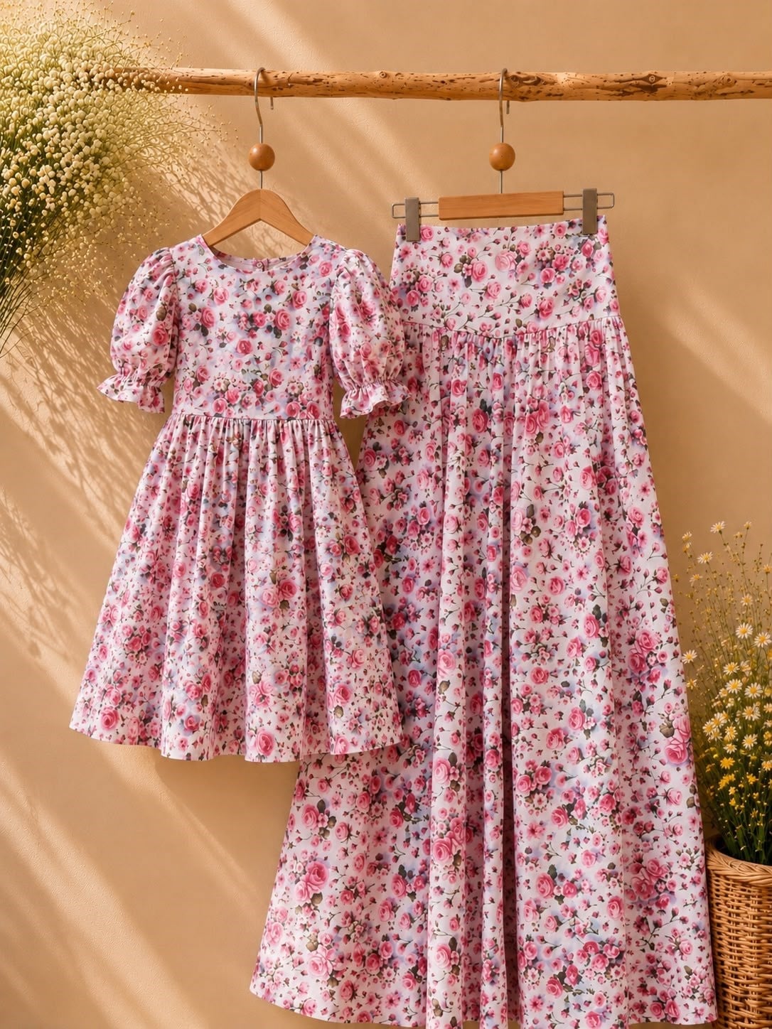 Pastel Gül Desenli Korsajlı Etek Ve Kız Çocuk Pastel Gül Desenli Elbise
