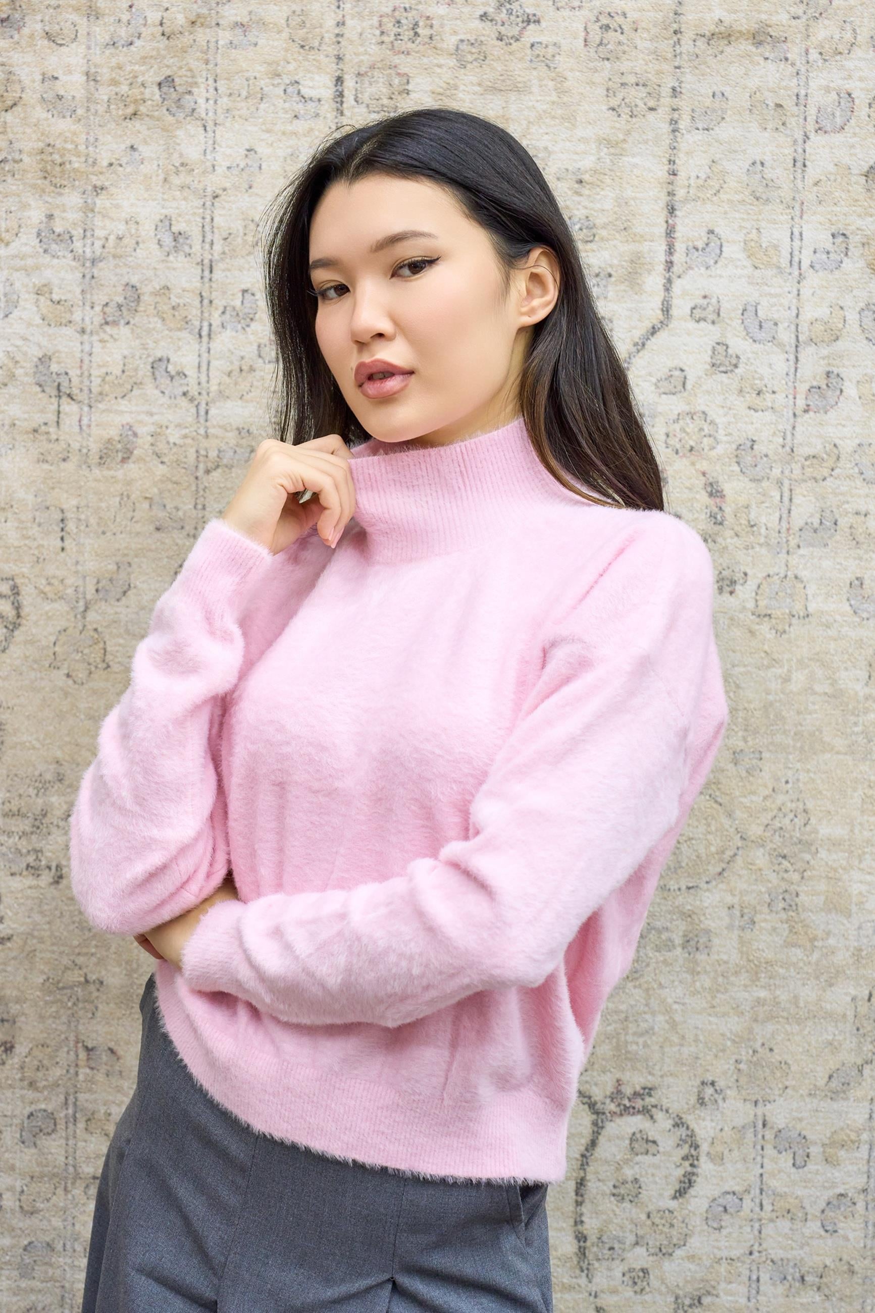 Pembe Balıkçı Yaka Tüylü Kazak