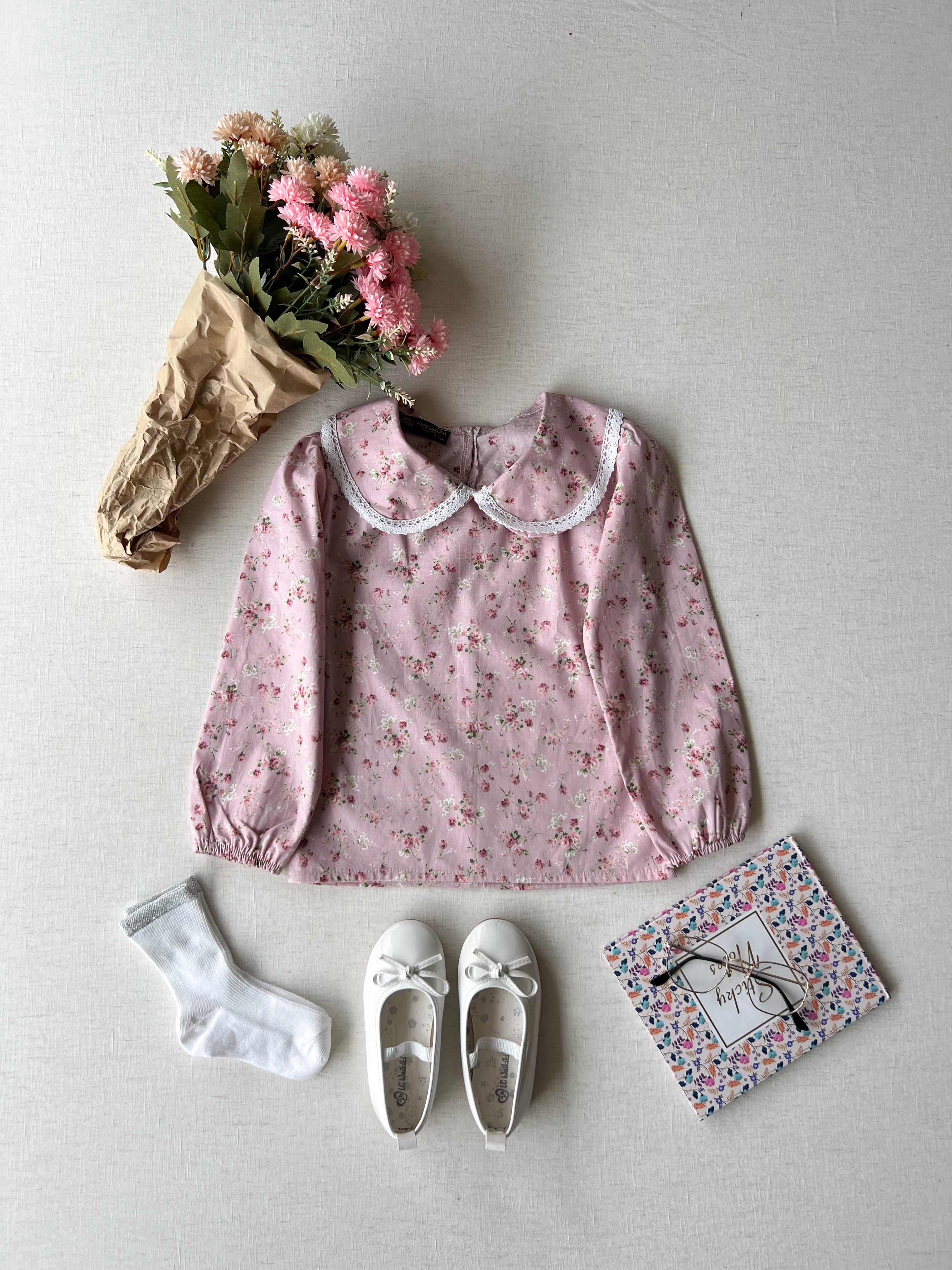 Pembe-Bordo Çiçekli Bebe Yaka Kız Çocuk Poplin Bluz