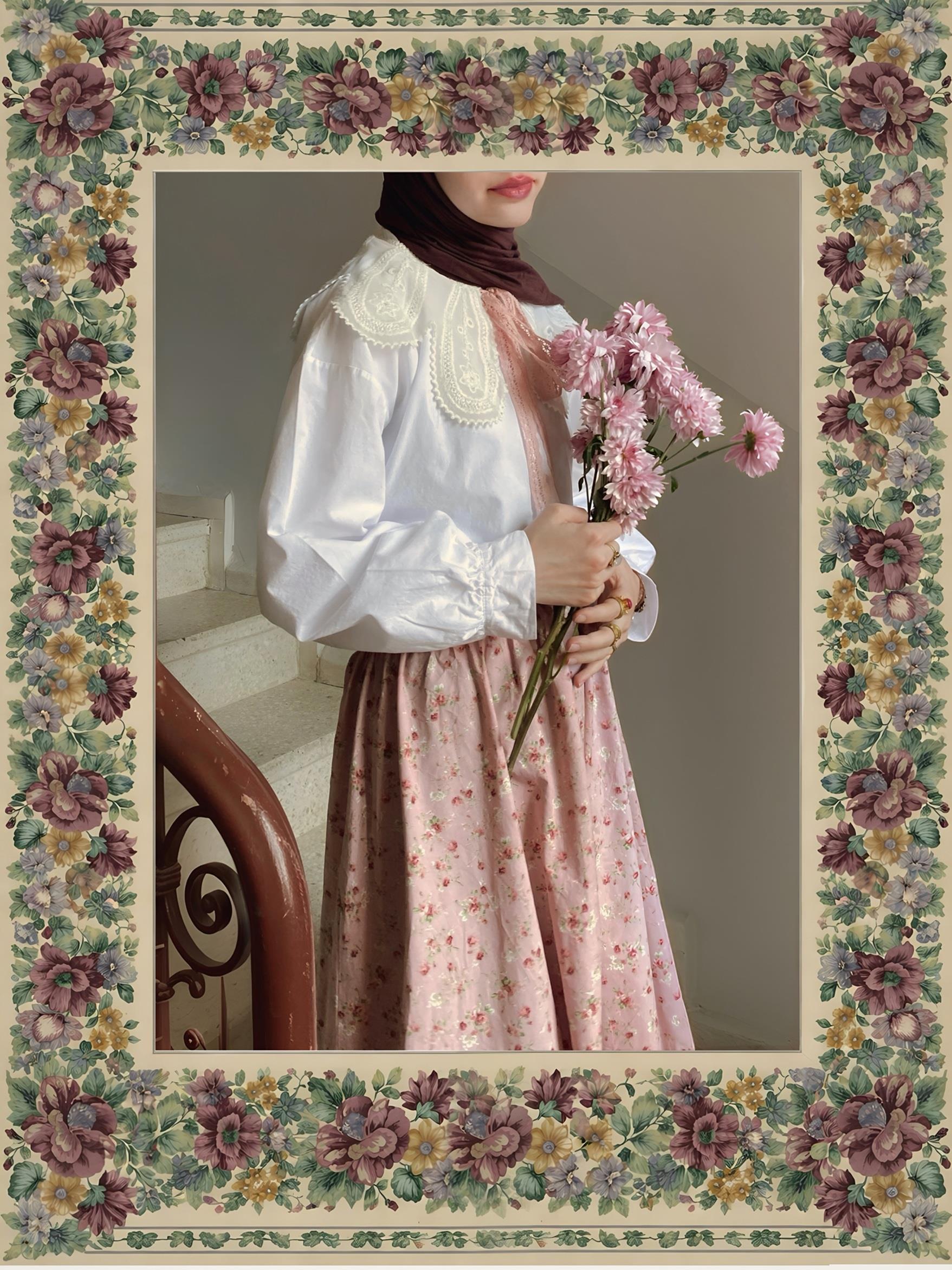 Pembe-Bordo Çiçekli Poplin Etek